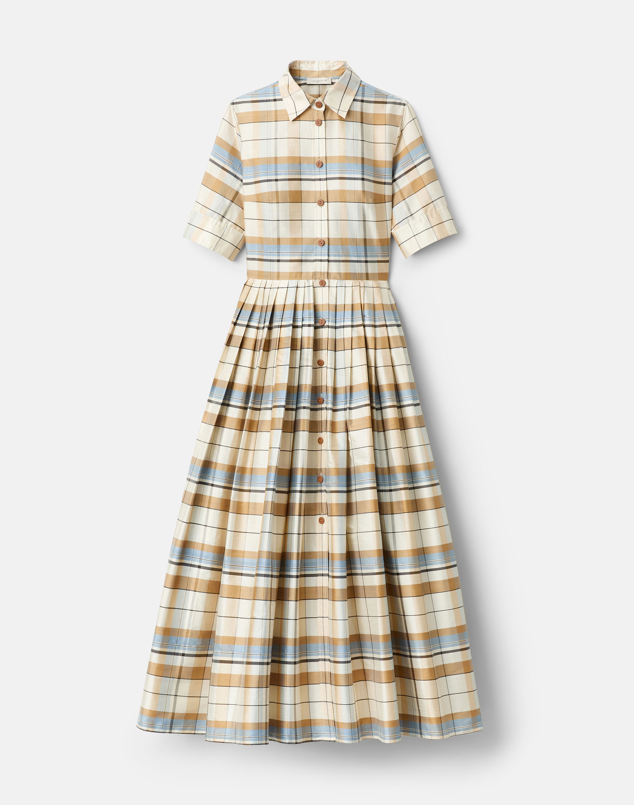 Plaid Silk Pleated Shirtdress