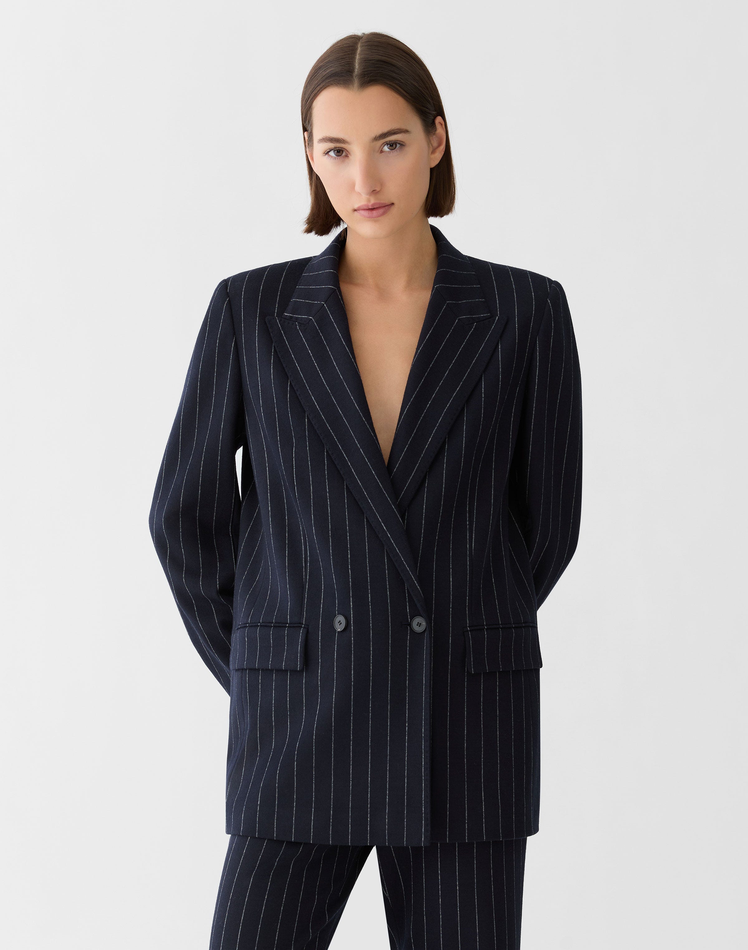 Pinstripe Wool Jersey Double Breasted Blazer