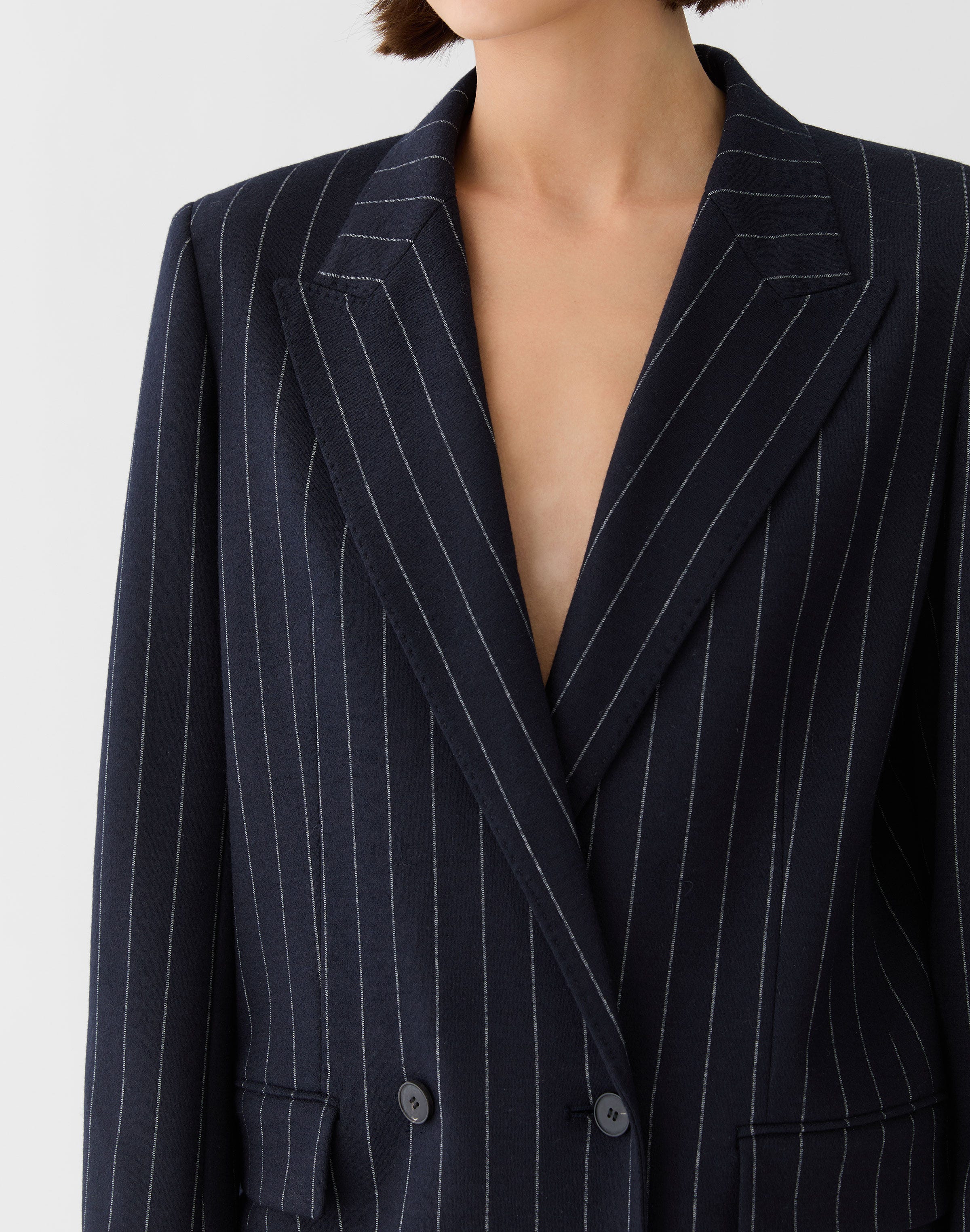 Pinstripe Wool Jersey Double Breasted Blazer