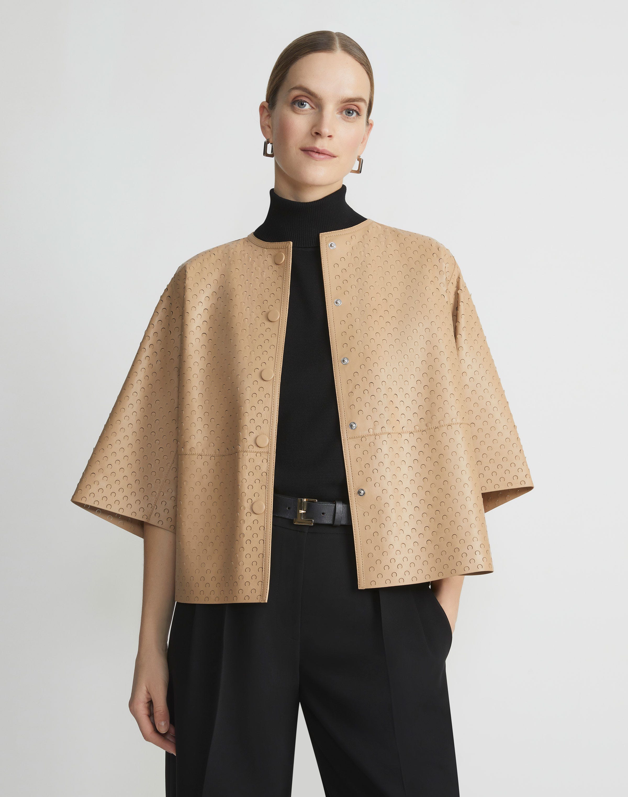Plus-Size Nappa Lambskin Leather Perforated Collarless Jacket
