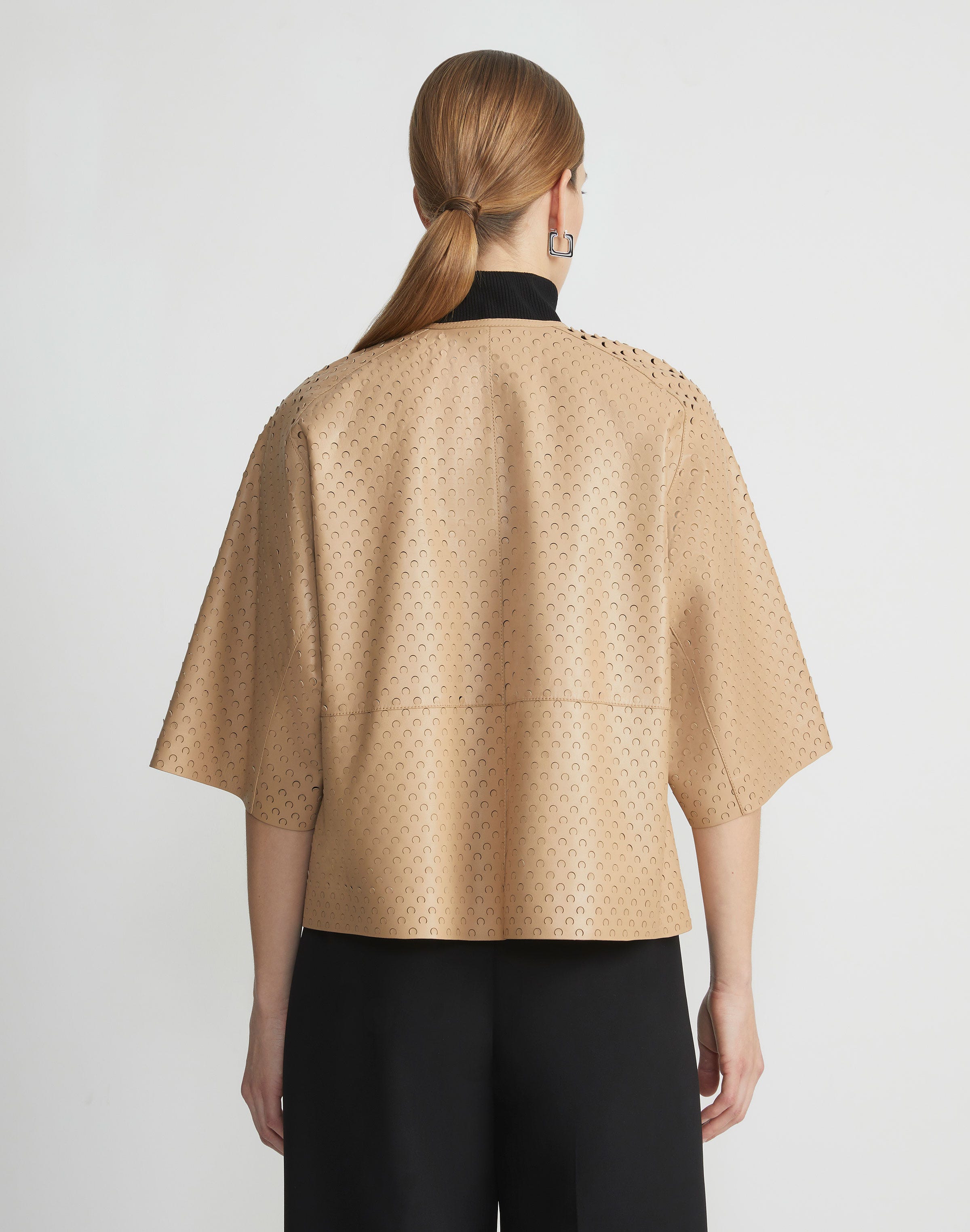 Plus-Size Nappa Lambskin Leather Perforated Collarless Jacket