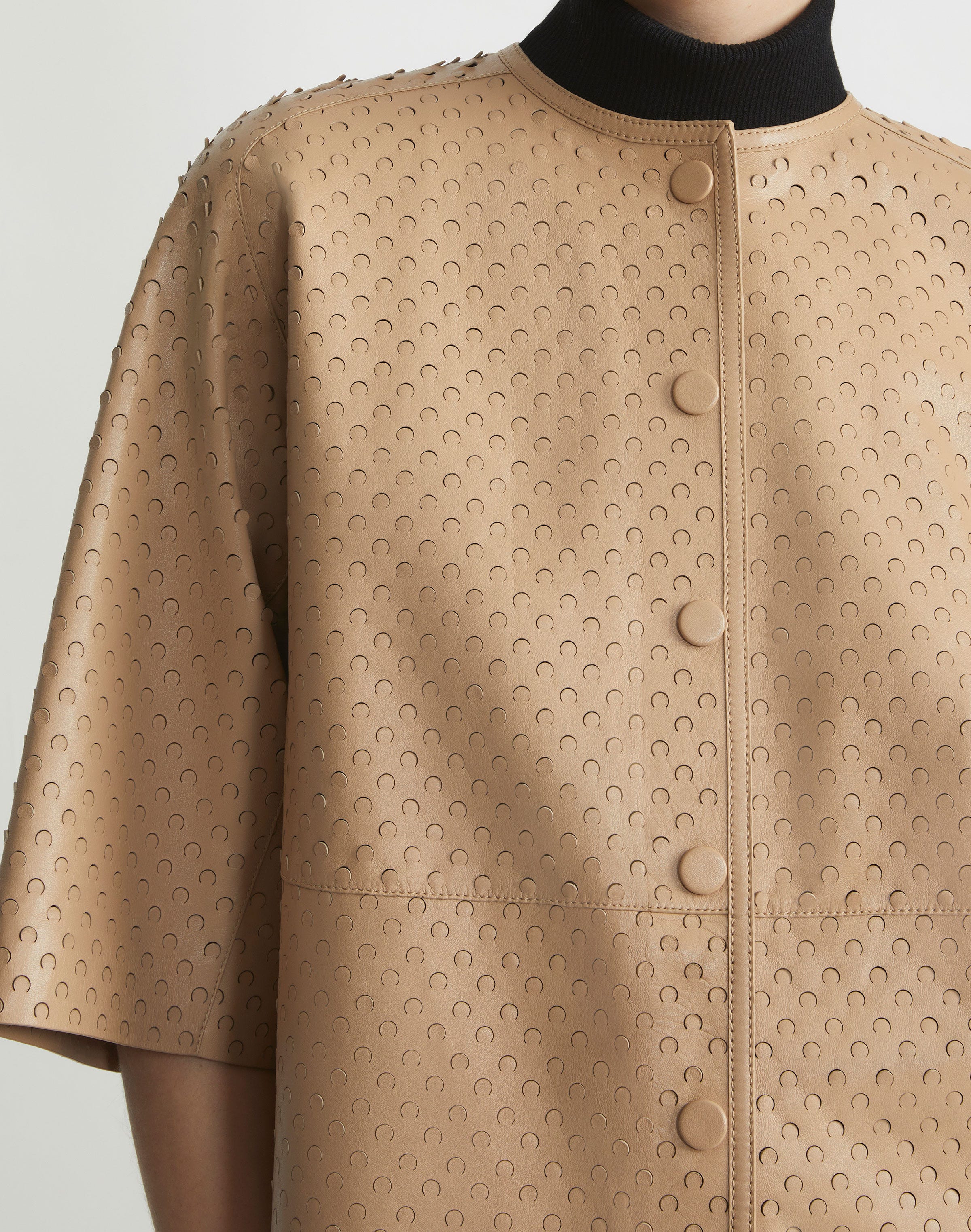 Plus-Size Nappa Lambskin Leather Perforated Collarless Jacket