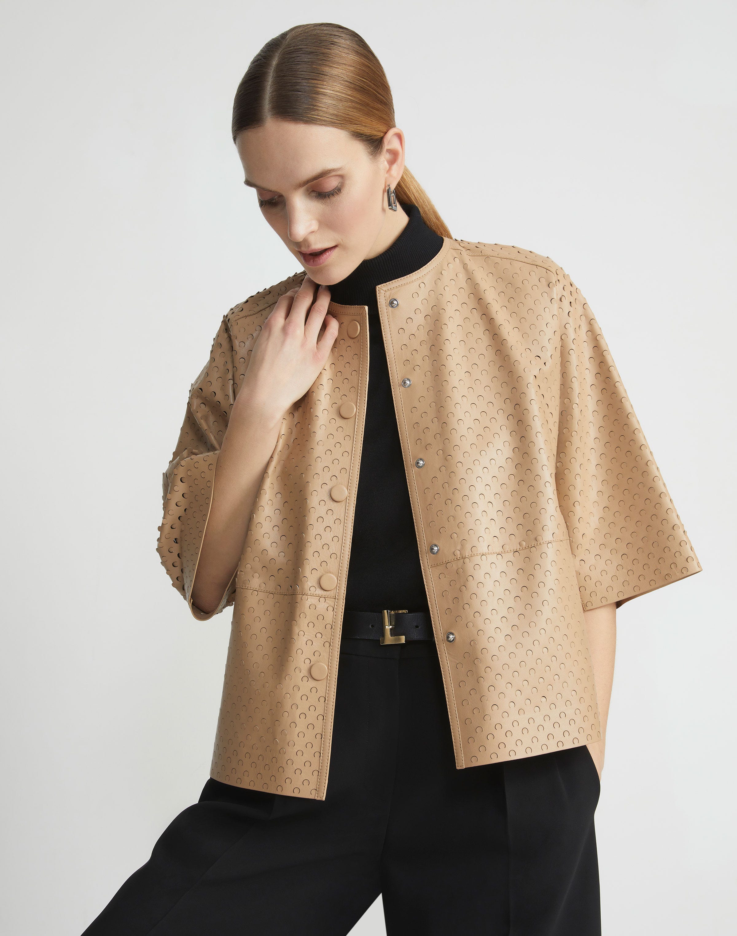 Plus-Size Nappa Lambskin Leather Perforated Collarless Jacket