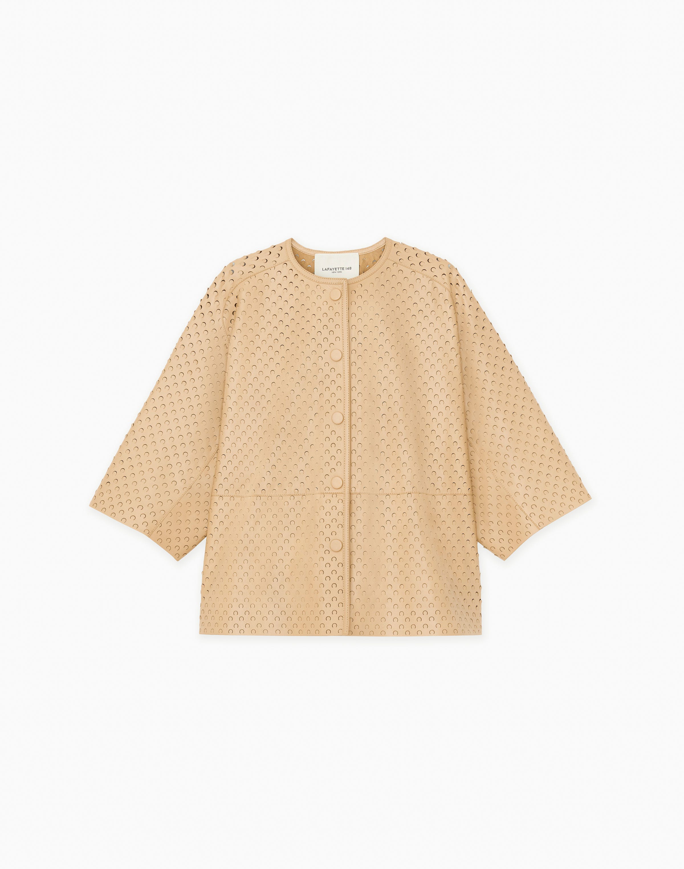 Plus-Size Nappa Lambskin Leather Perforated Collarless Jacket