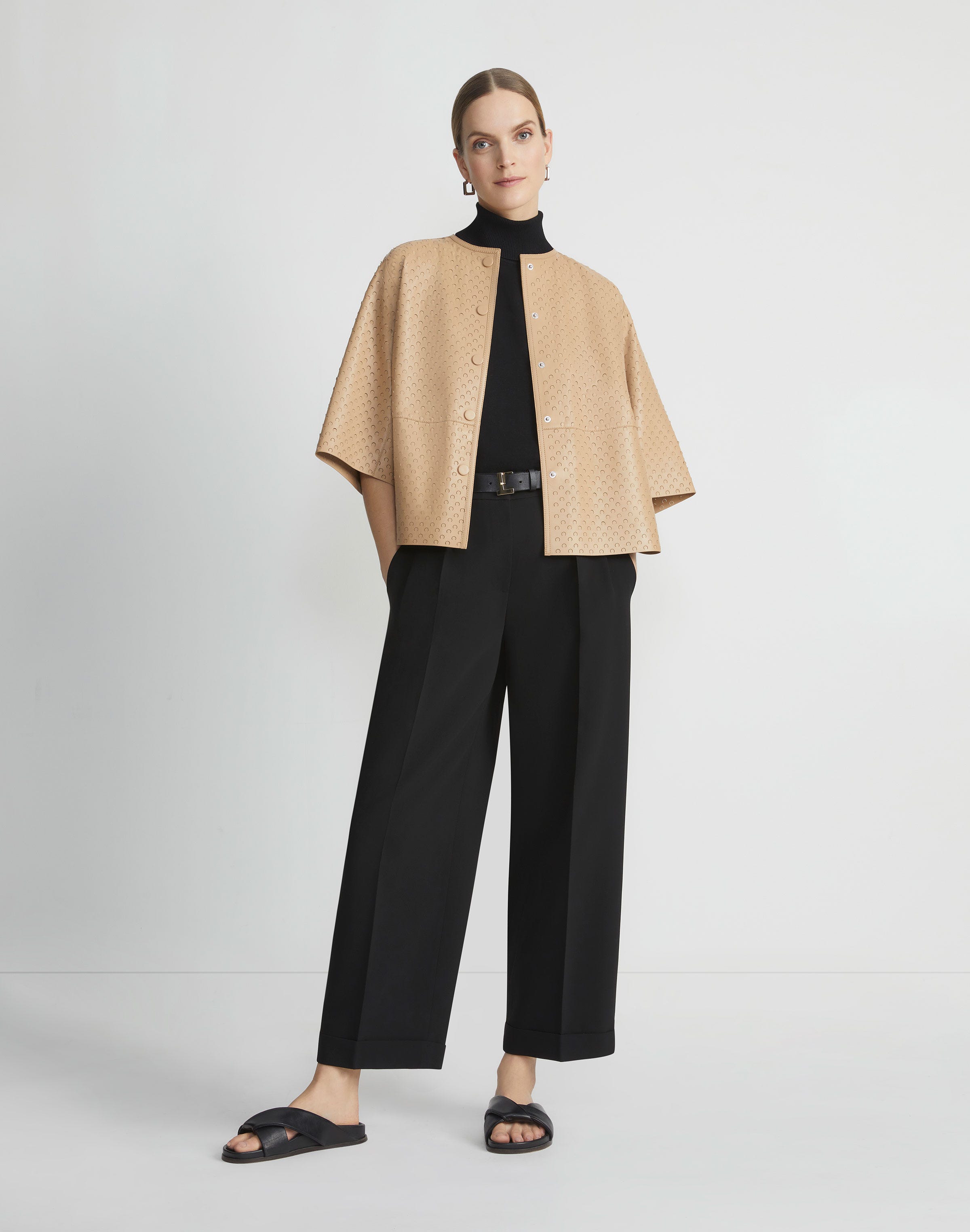 Plus-Size Nappa Lambskin Leather Perforated Collarless Jacket