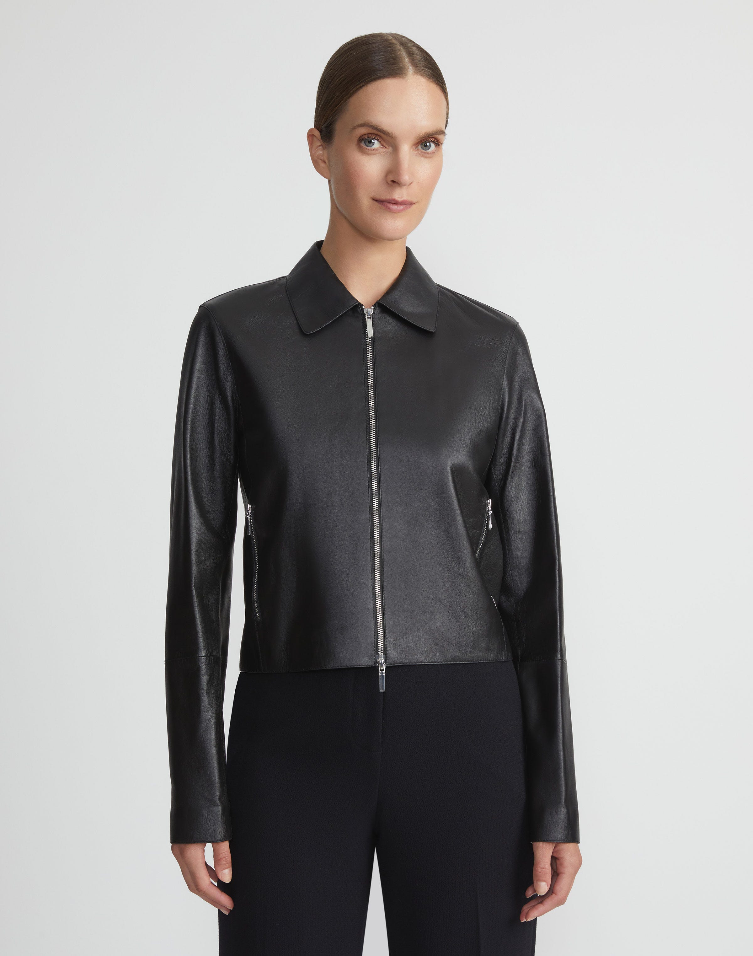 Plus-Size Nappa Lambskin Leather Zip Cropped Jacket