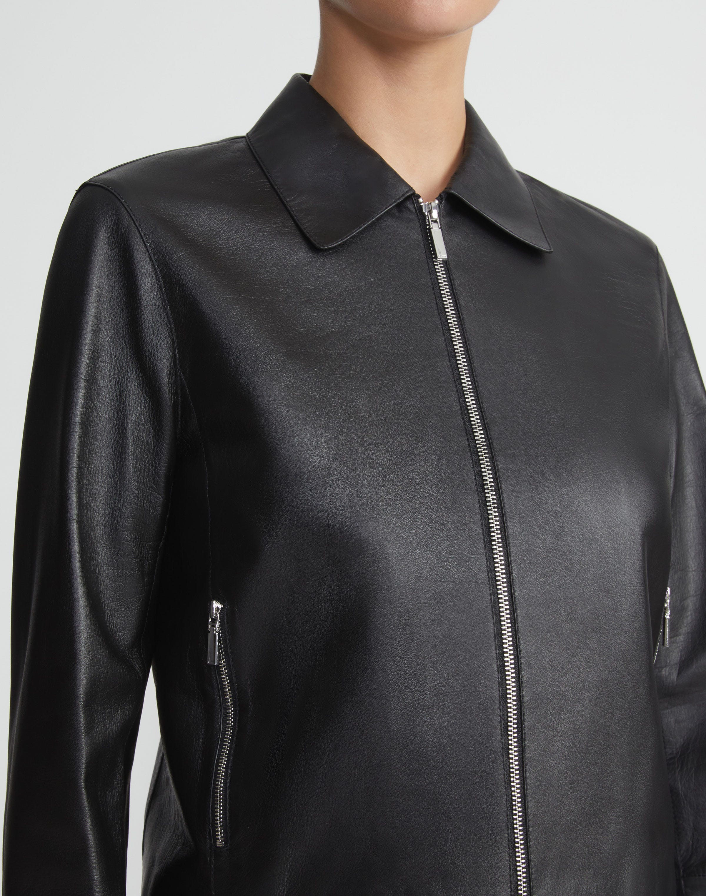 Plus-Size Nappa Lambskin Leather Zip Cropped Jacket