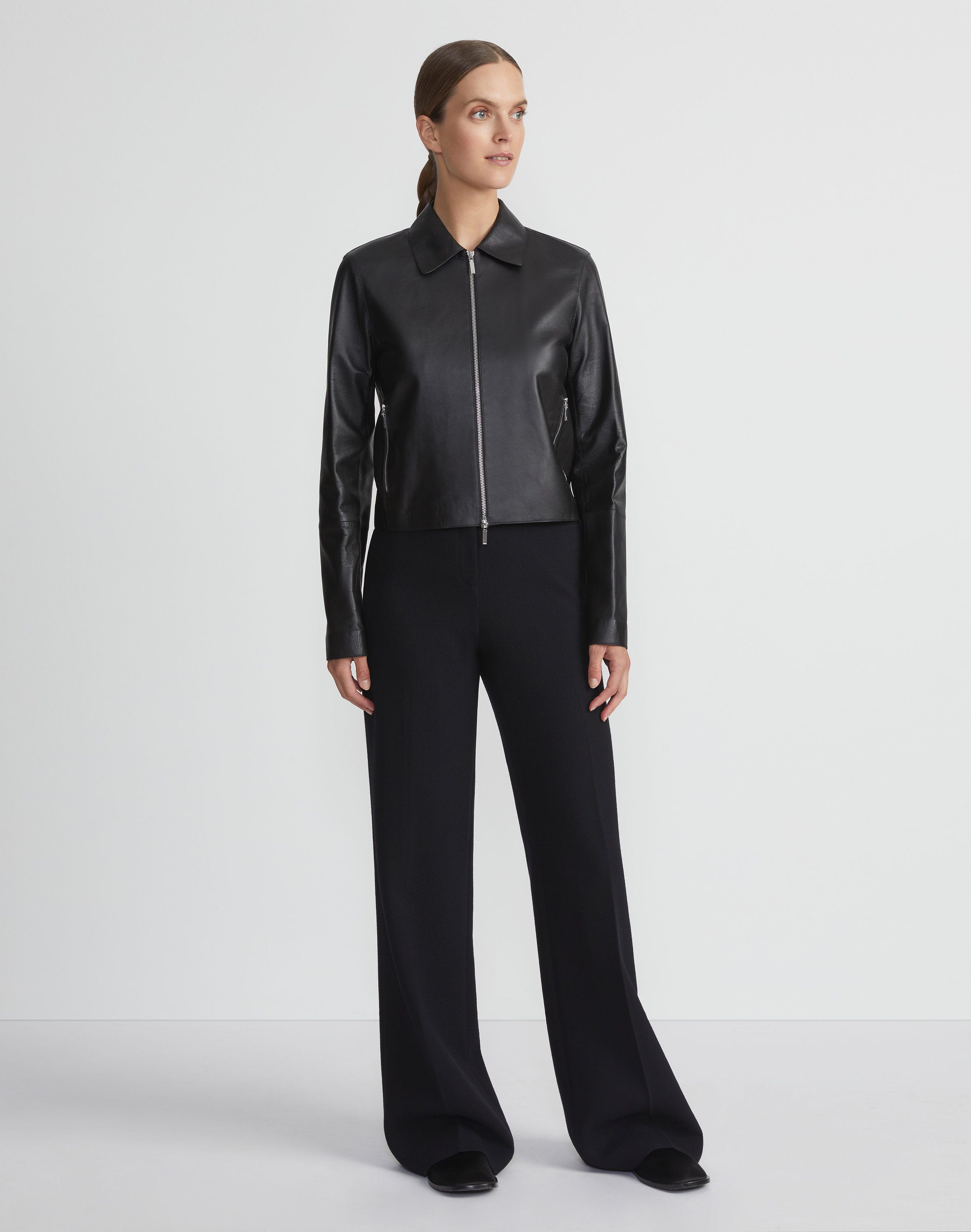 Plus-Size Nappa Lambskin Leather Zip Cropped Jacket