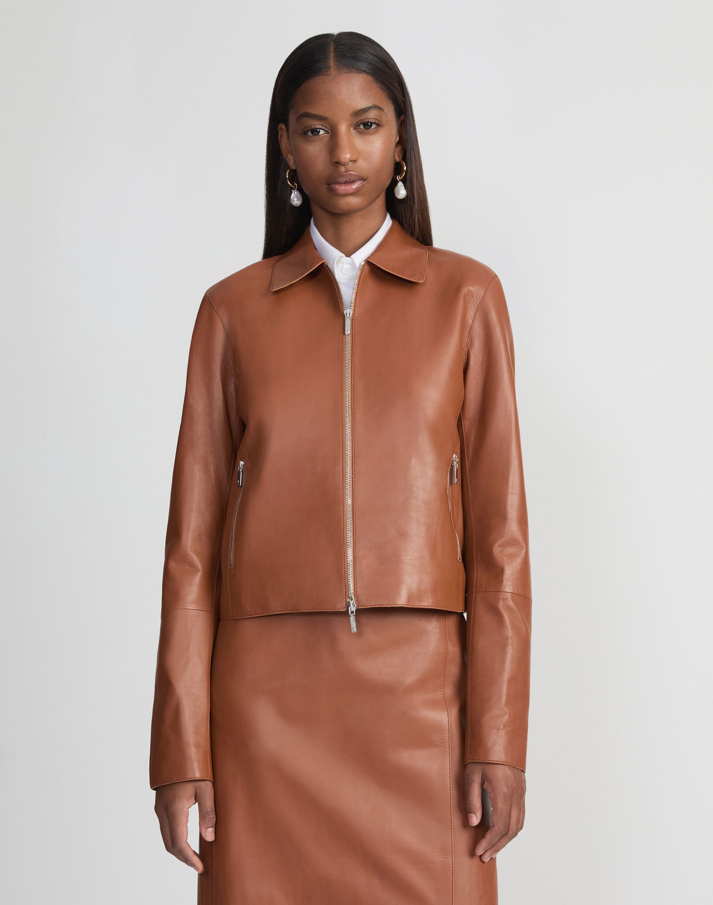 Petite Nappa Lambskin Leather Zip Cropped Jacket