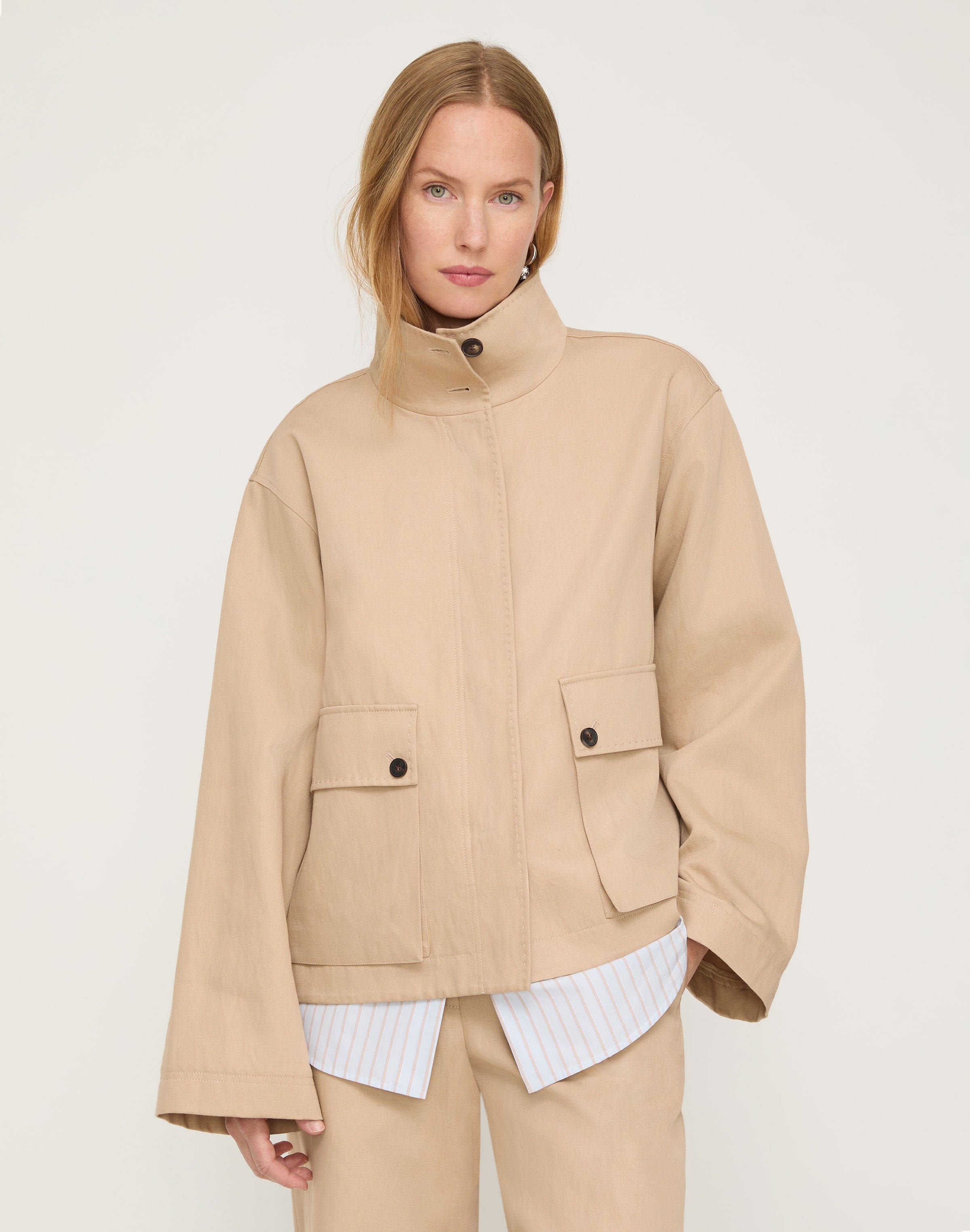Cotton-Linen Twill Funnel Neck Cargo Jacket
