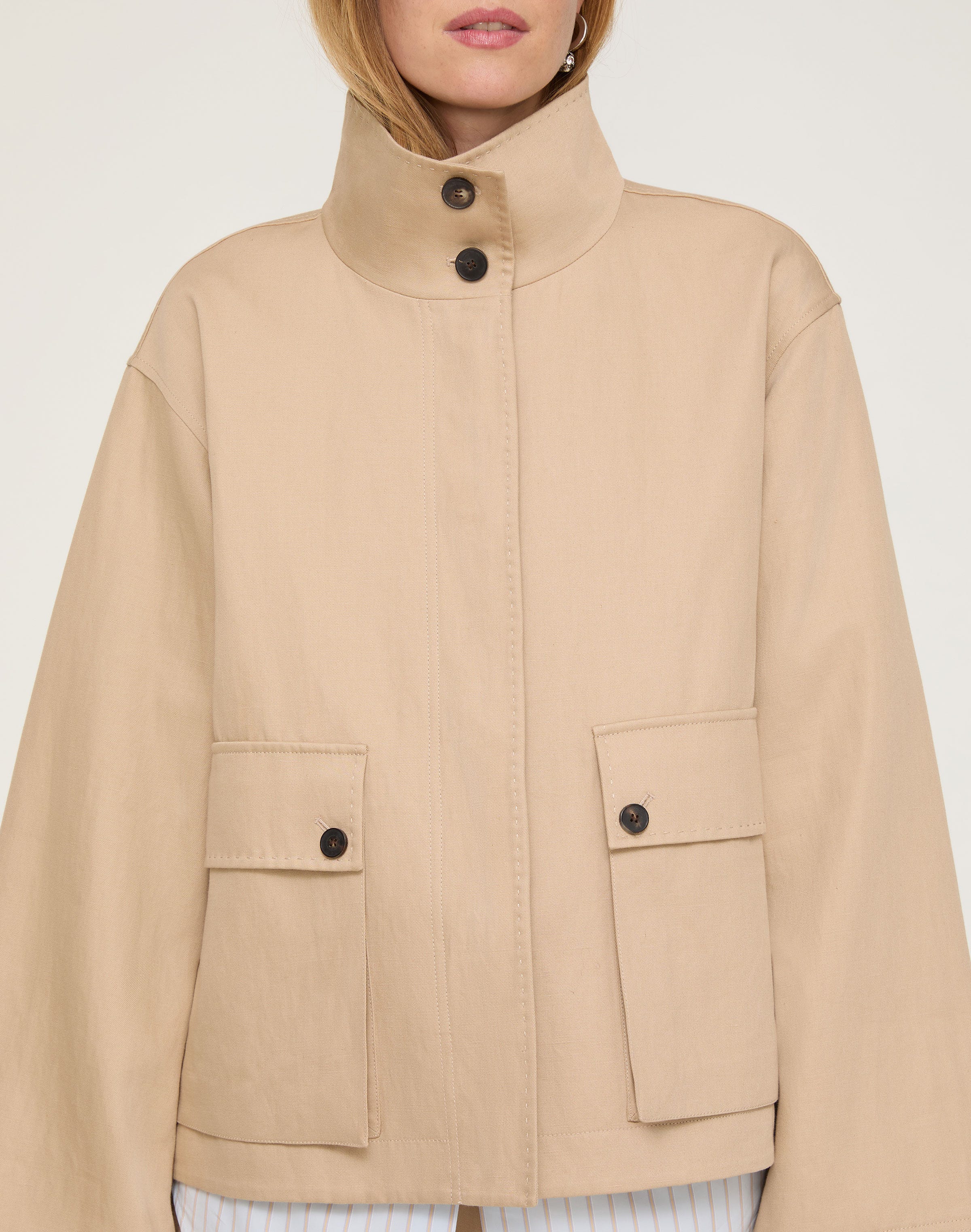 Cotton-Linen Twill Funnel Neck Cargo Jacket