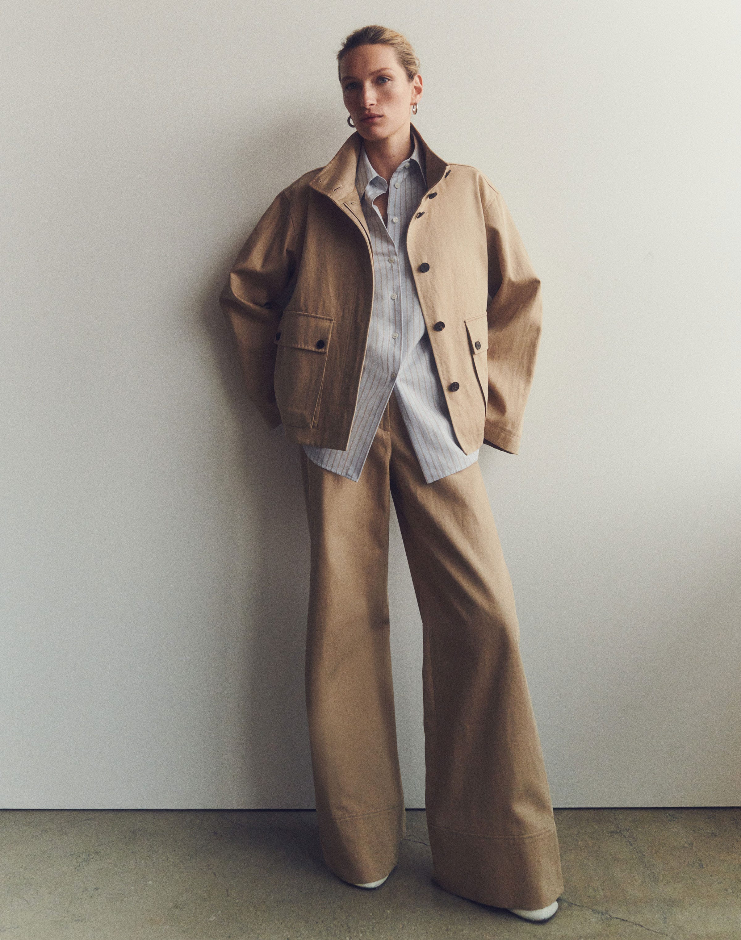 Cotton-Linen Twill Funnel Neck Cargo Jacket