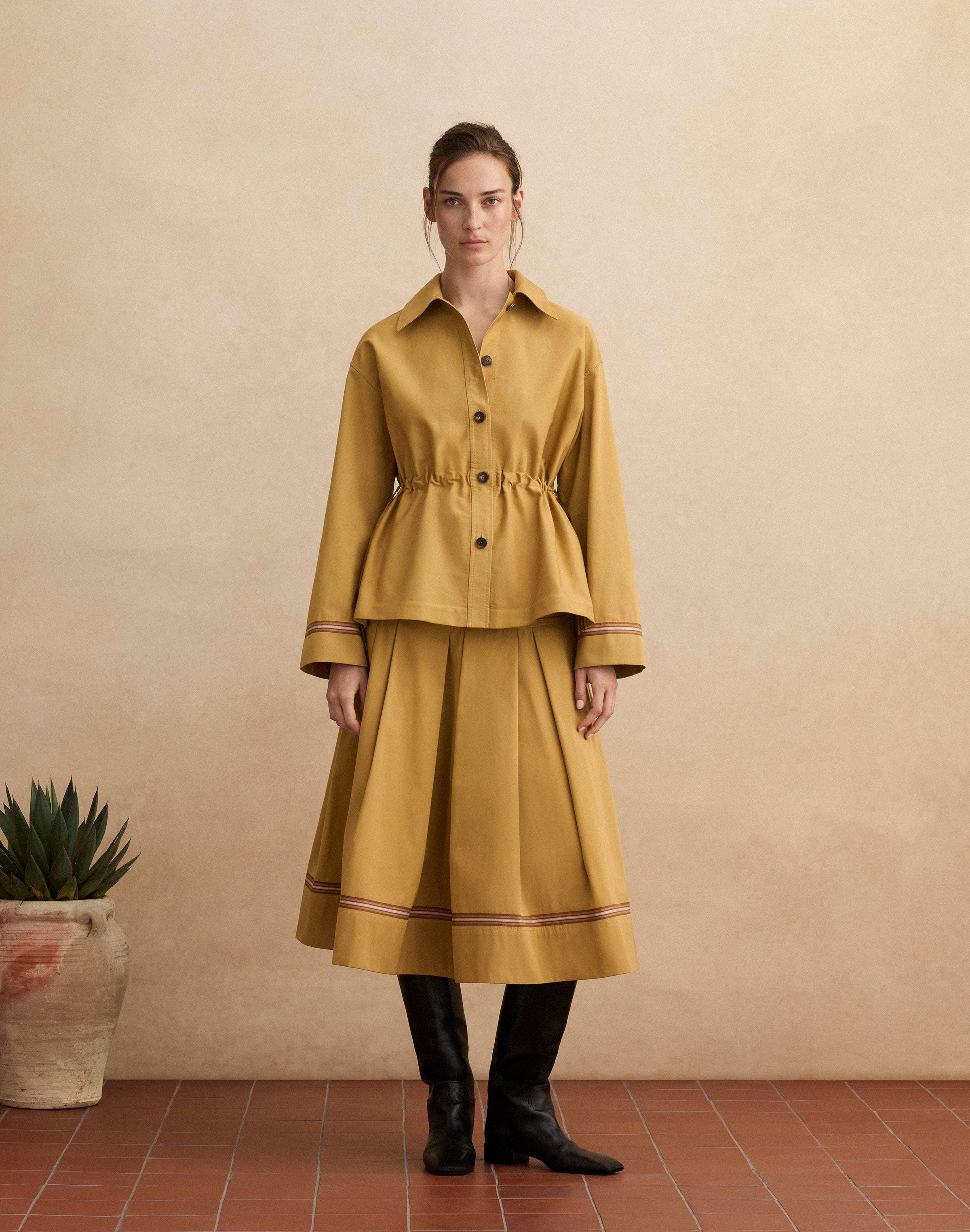 Ribbon Stripe Cotton Gathered Waist Jacket