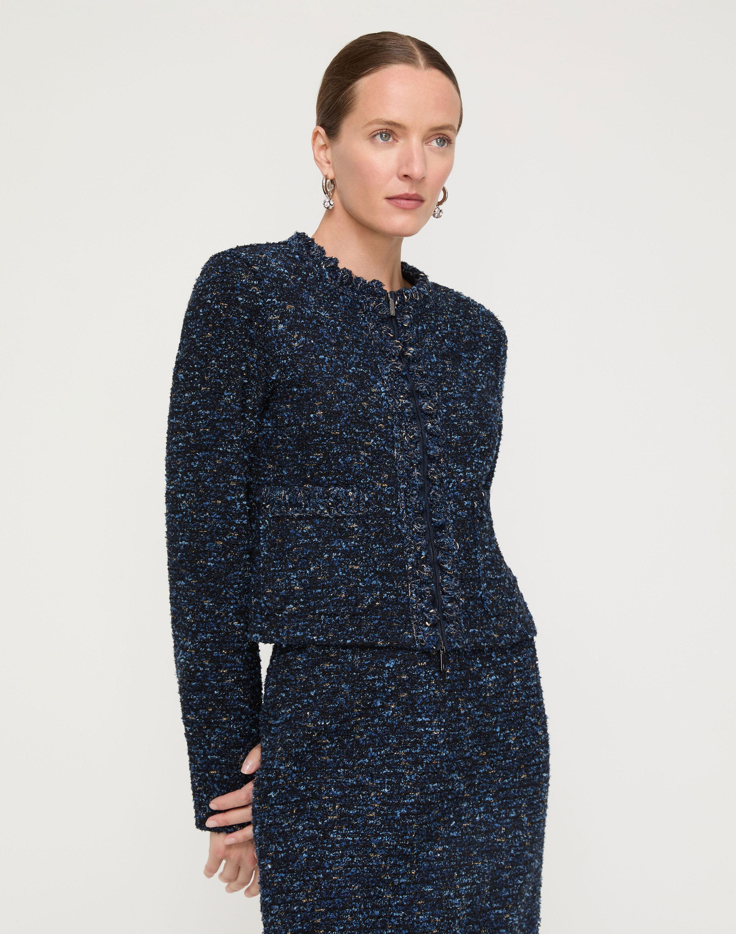 Plus-Size Cosmos Bouclé Tweed Crochet Trim Jacket