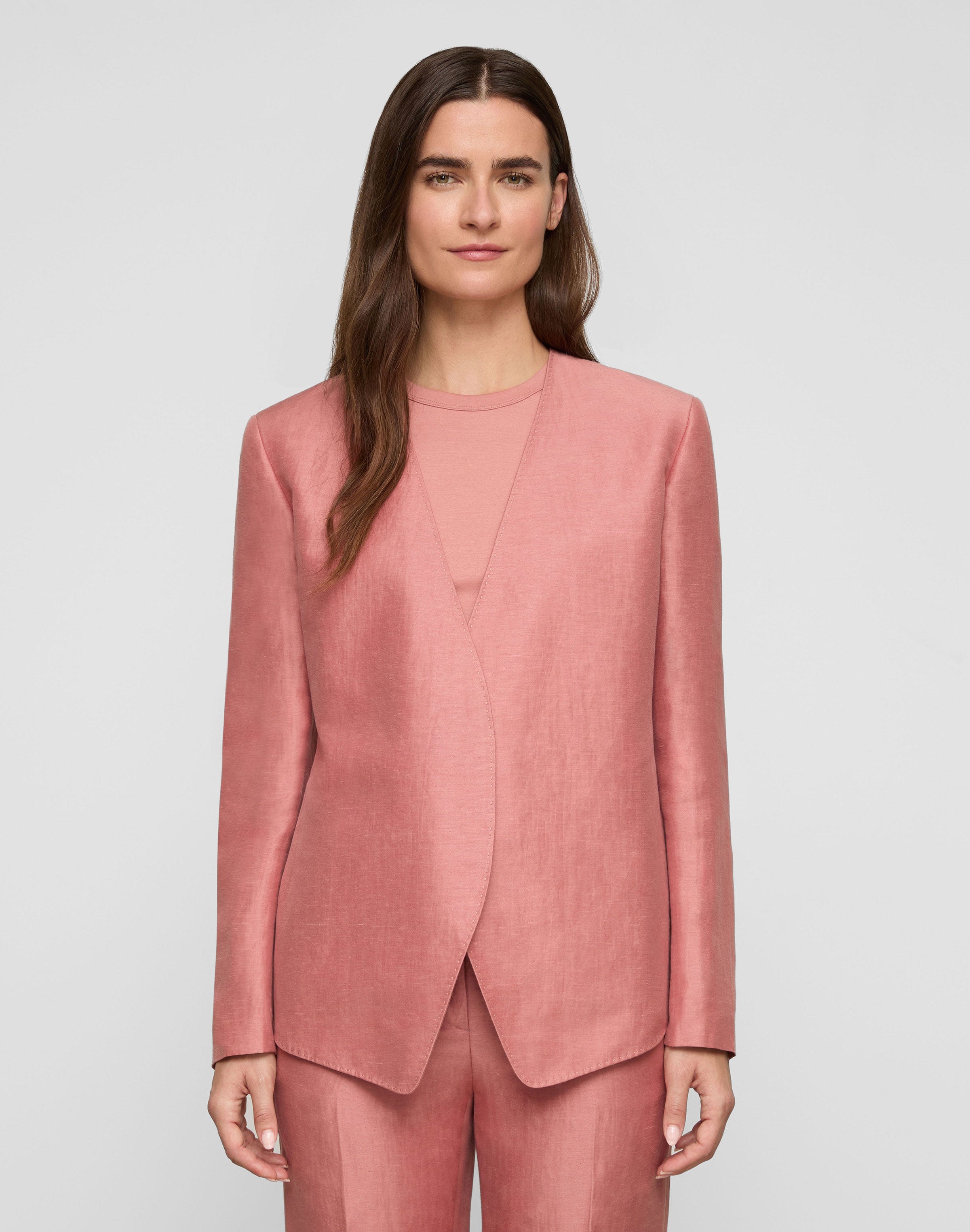 Linen-Viscose Open Front Collarless Blazer
