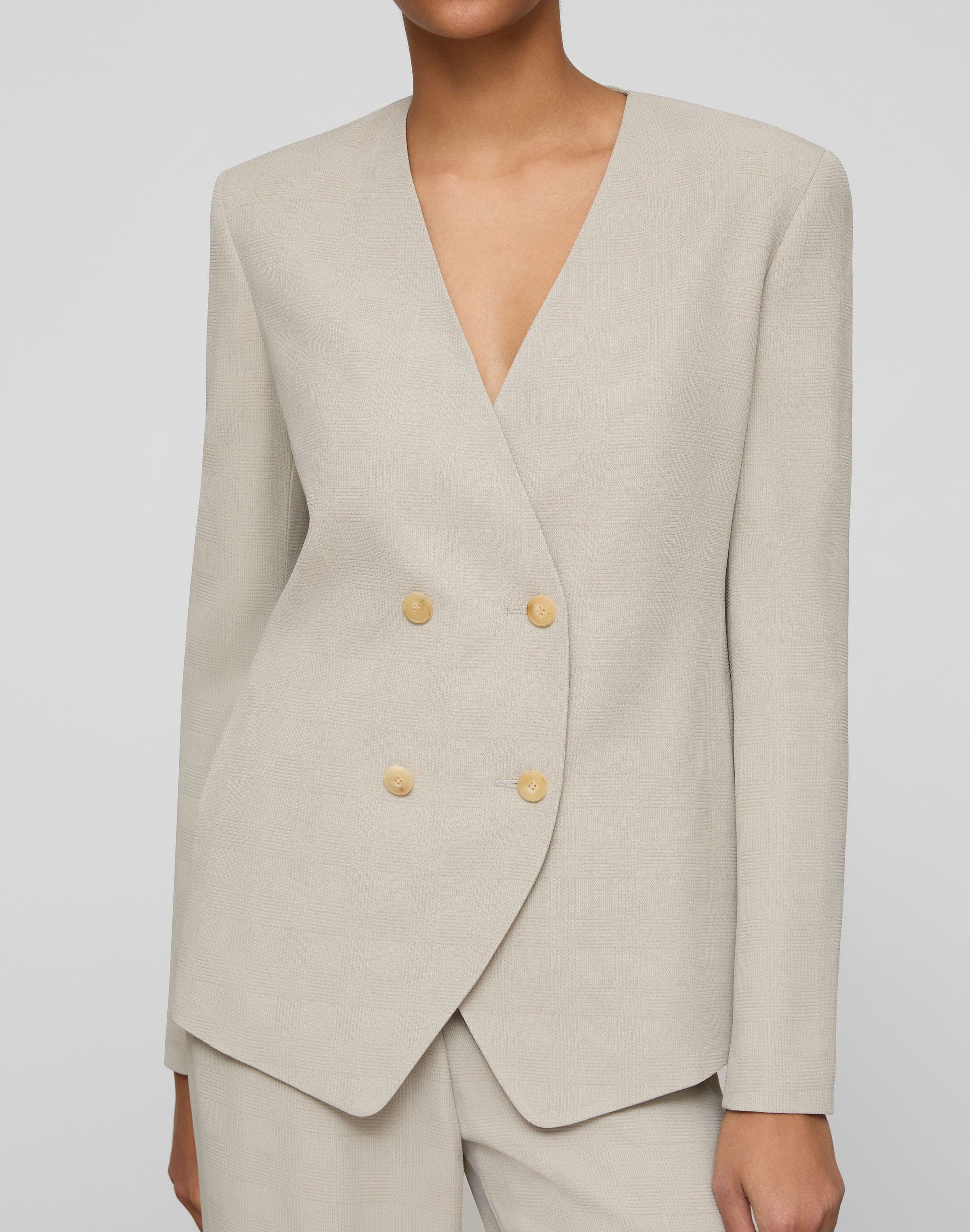 Grid Plaid Crepe Double Breasted Jacket