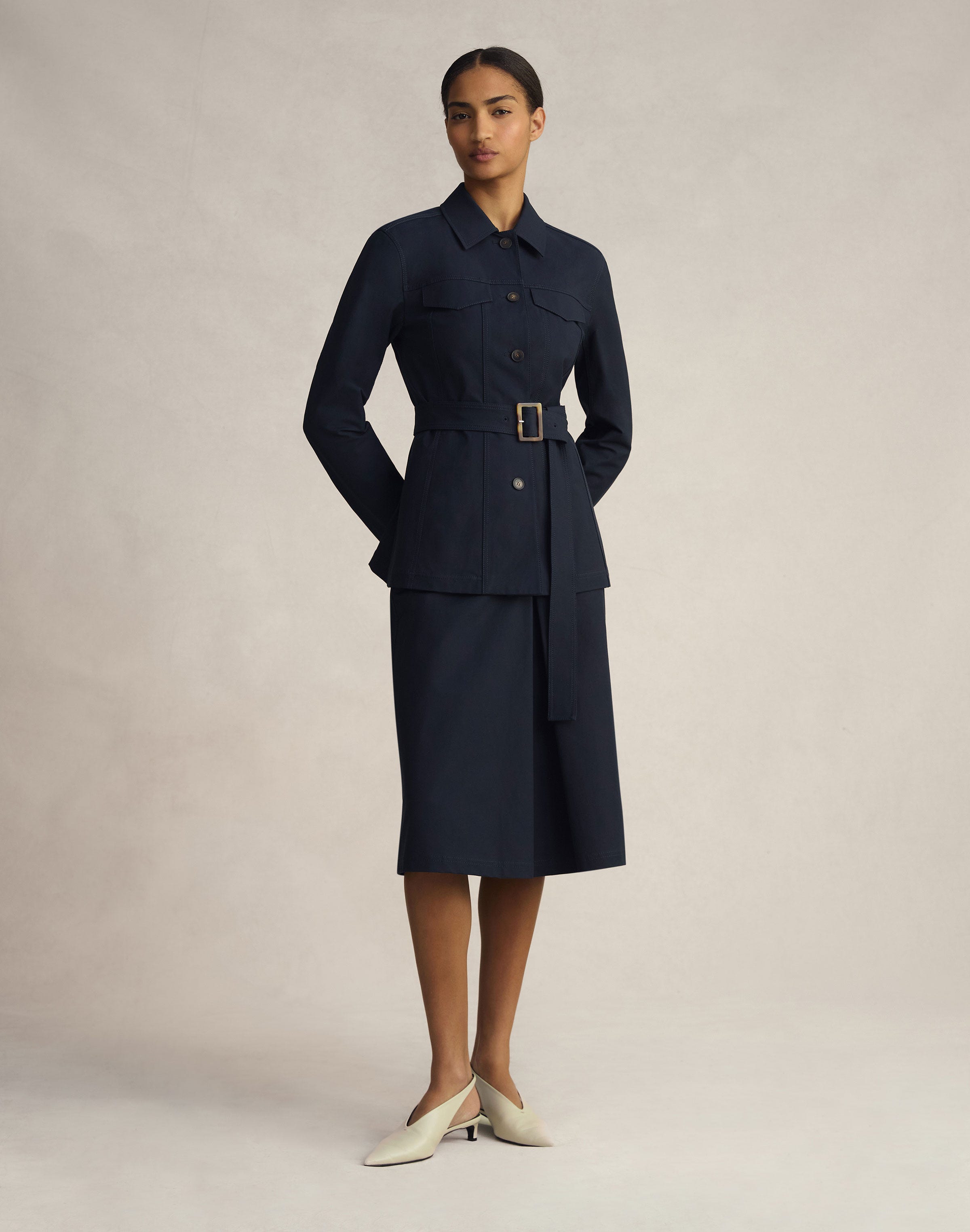 Plus-Size Techno Stretch Twill Belted Jacket