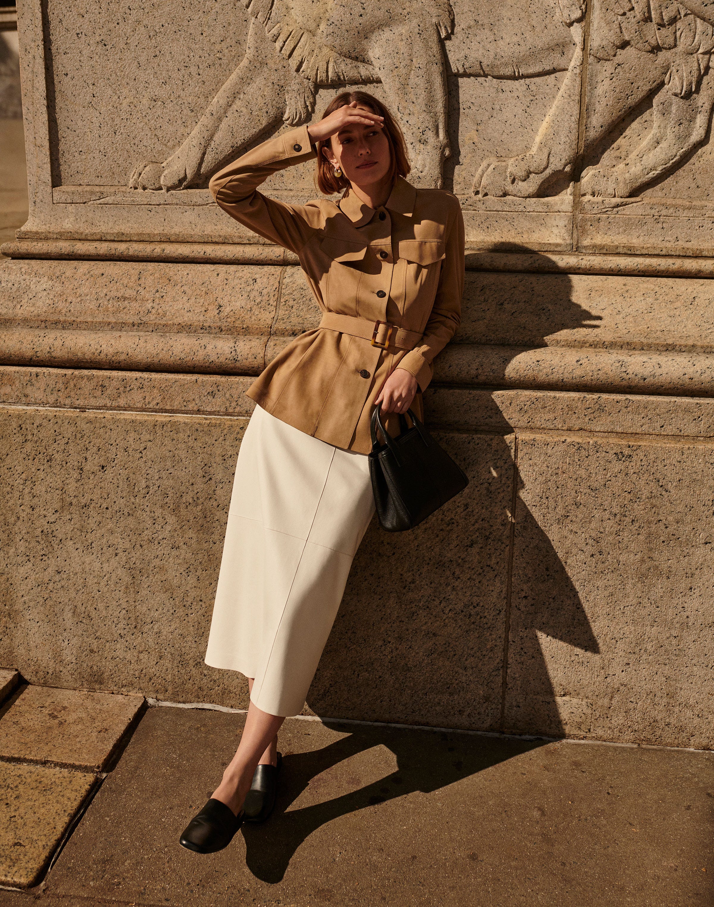 Suede Belted Jacket and Leather Pencil Skirt