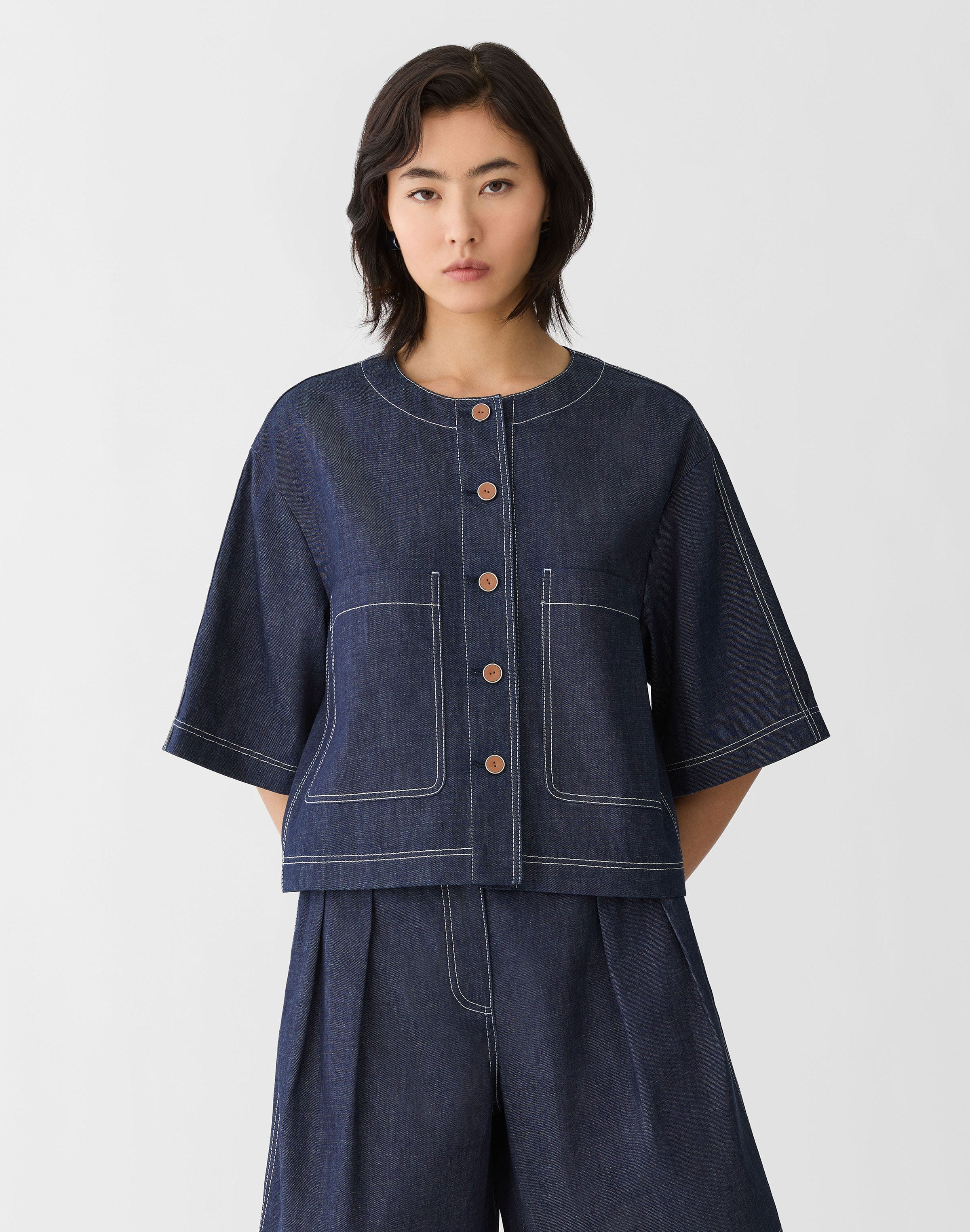 Plus-Size Chambray Patch Pocket Cropped Jacket