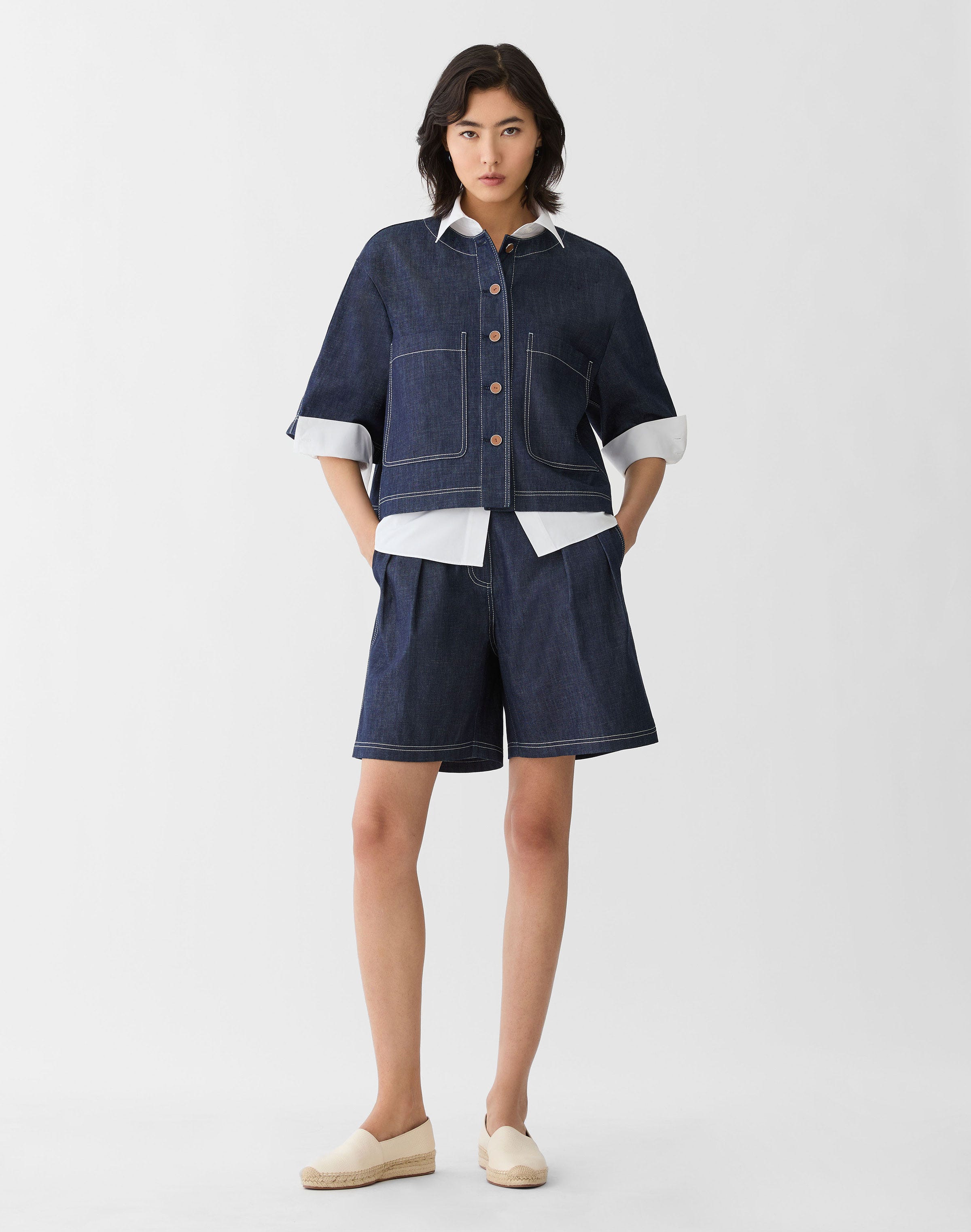 Plus-Size Chambray Patch Pocket Cropped Jacket