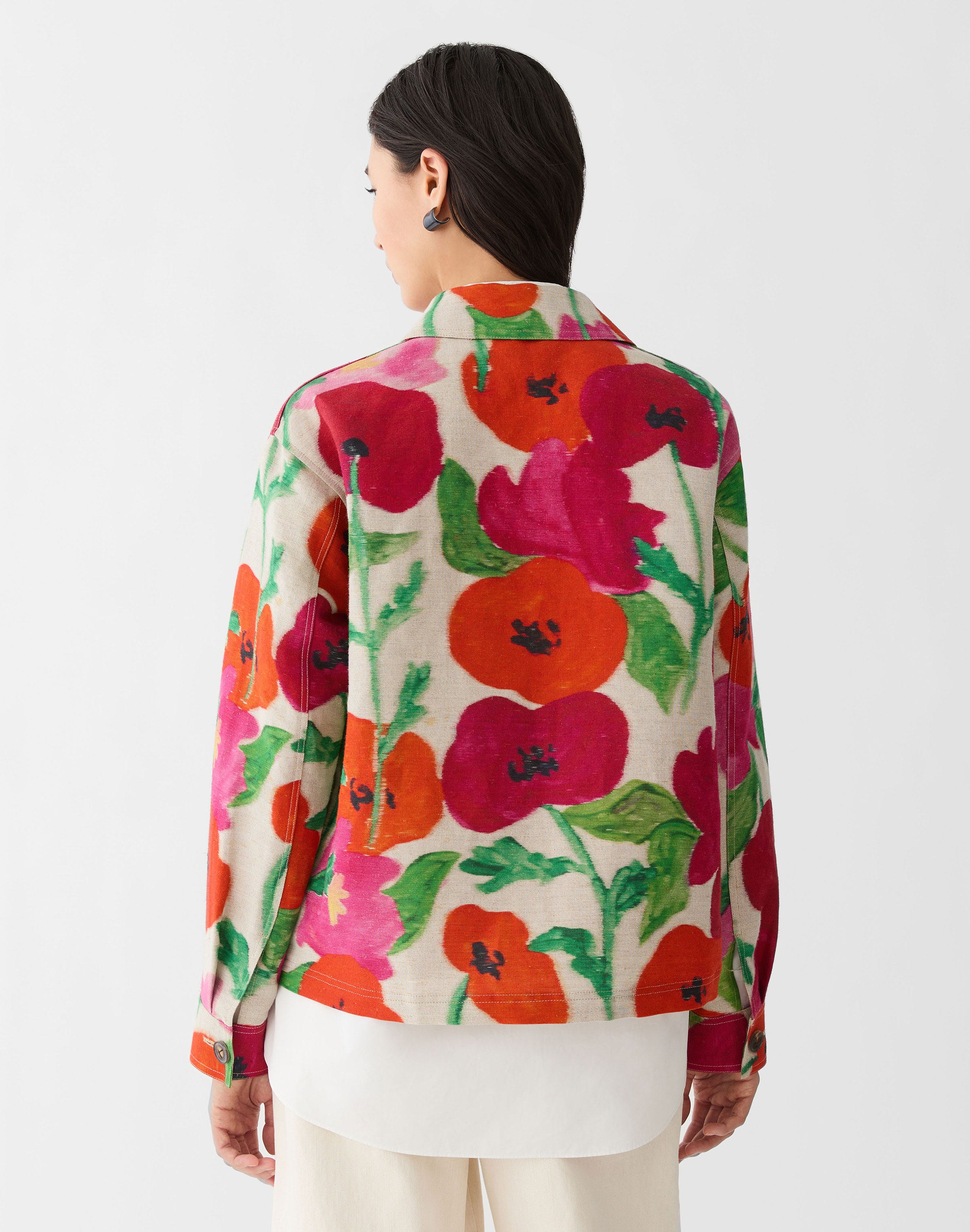 Plus-Size Blossom Print Linen-Cotton Canvas Jacket