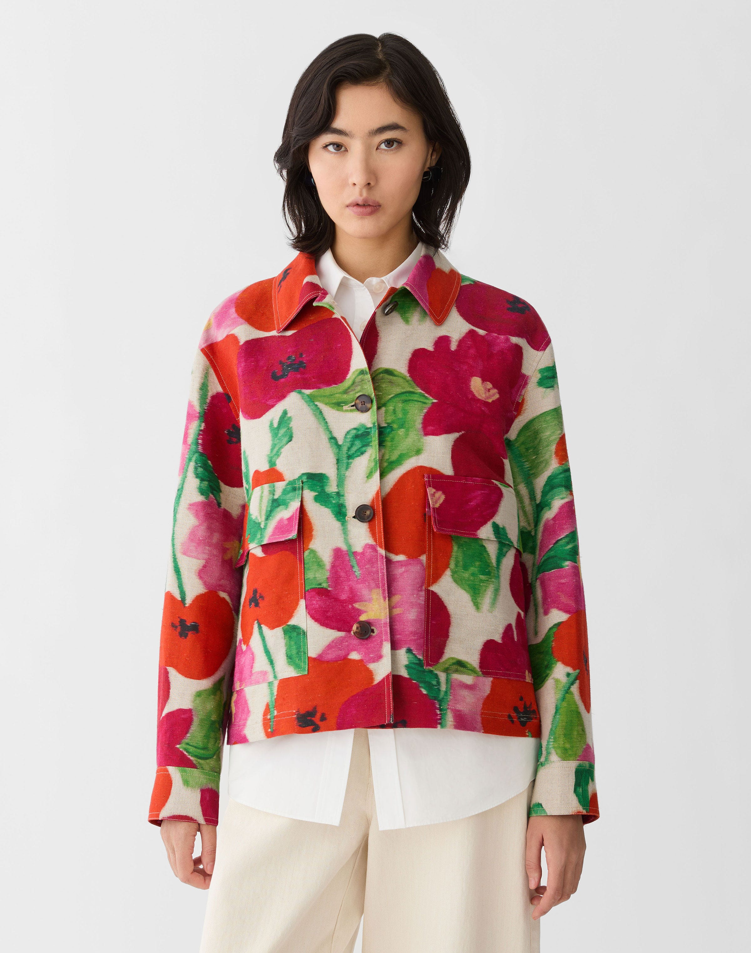 Plus-Size Blossom Print Linen-Cotton Canvas Jacket