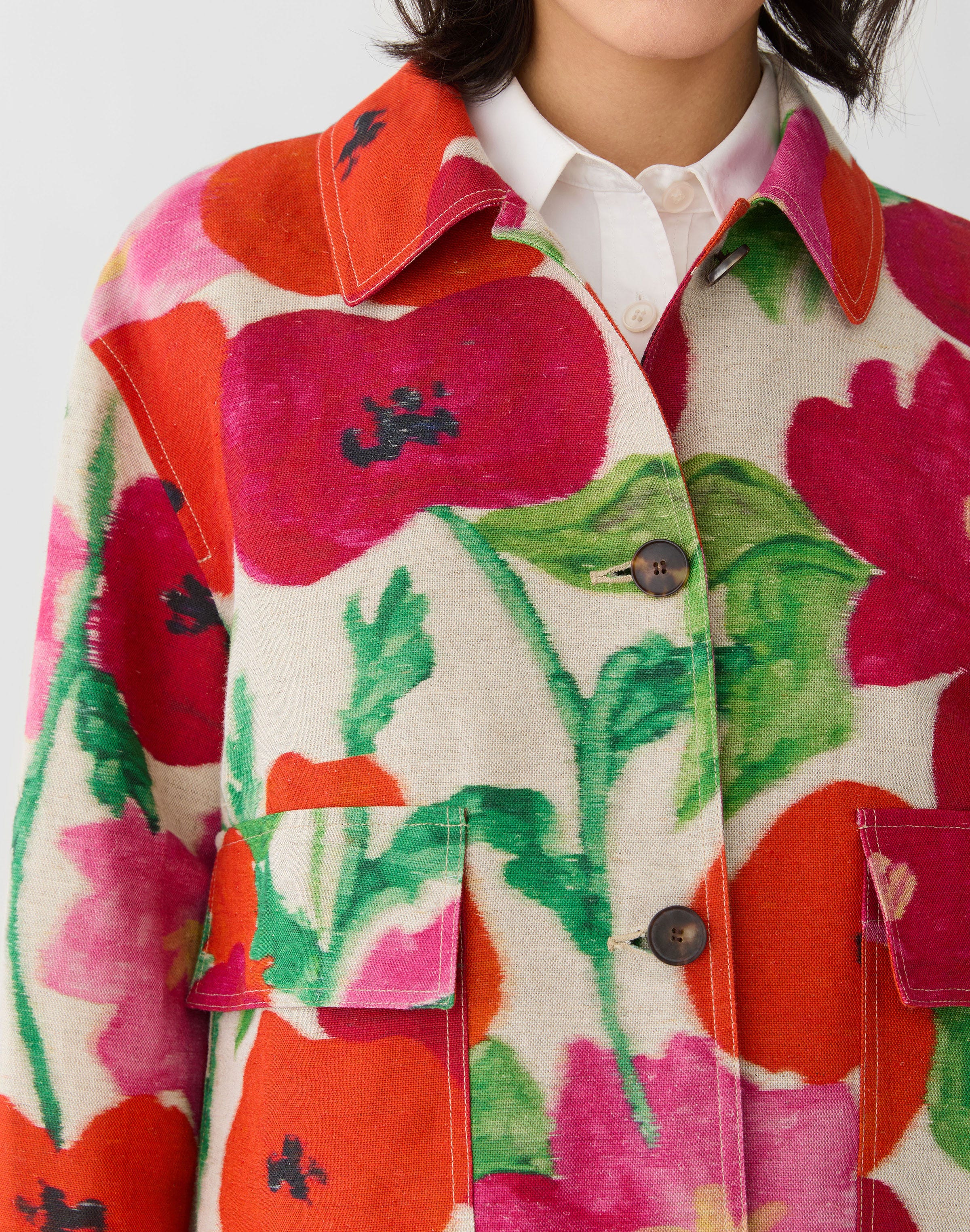 Plus-Size Blossom Print Linen-Cotton Canvas Jacket
