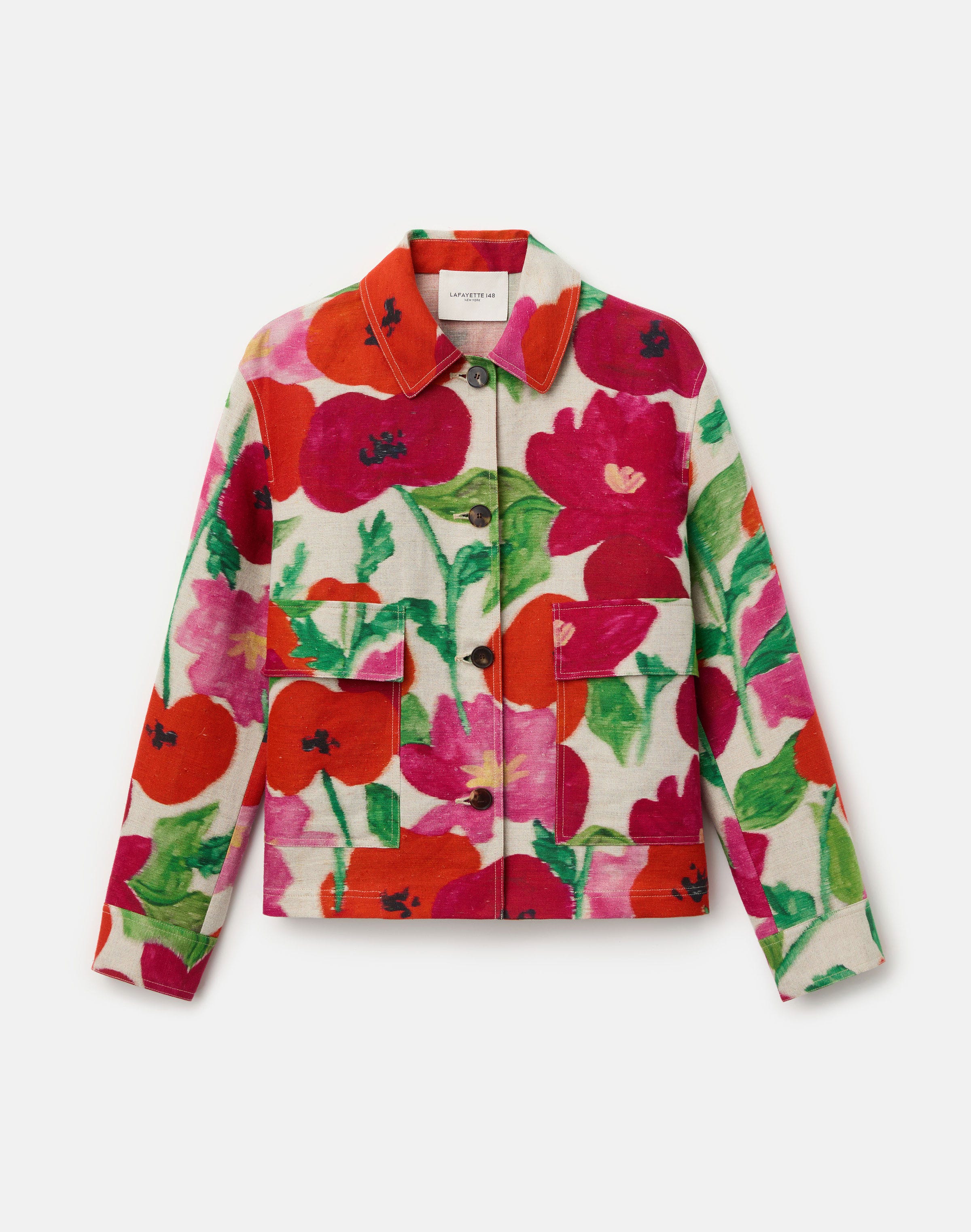 Plus-Size Blossom Print Linen-Cotton Canvas Jacket