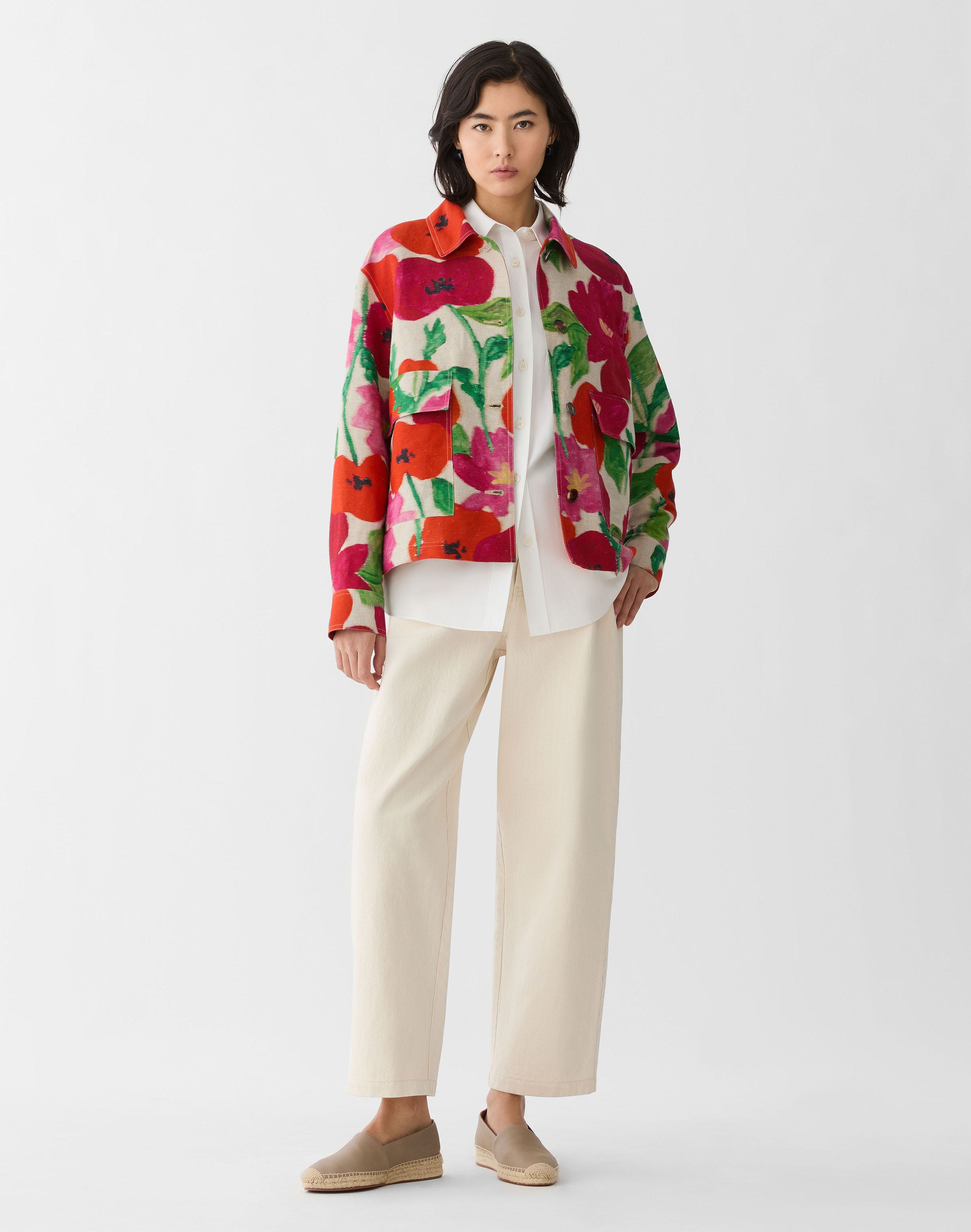 Plus-Size Blossom Print Linen-Cotton Canvas Jacket