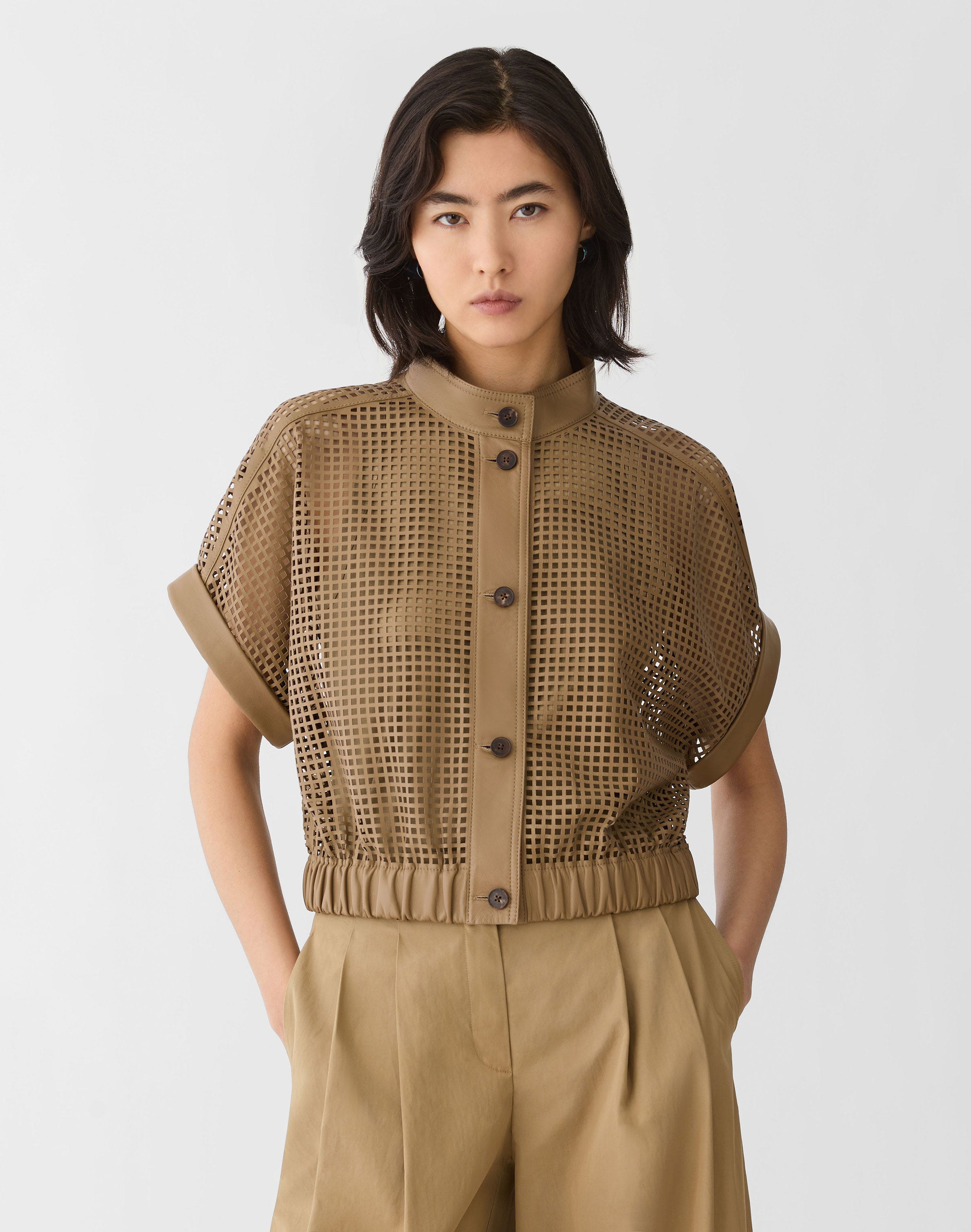 Laser Cut Grid Nappa Leather Jacket