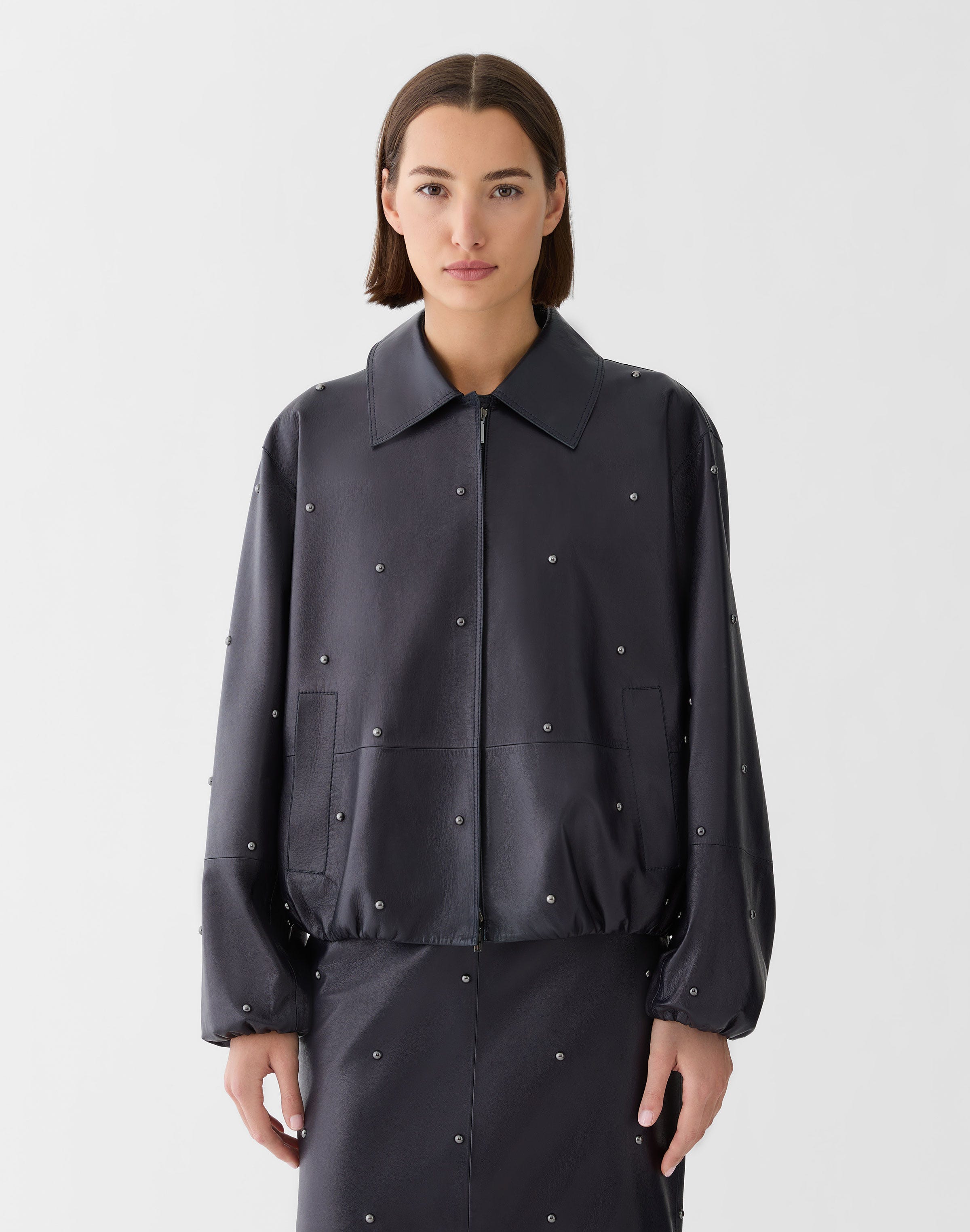 Studded Nappa Leather Bomber Jacket