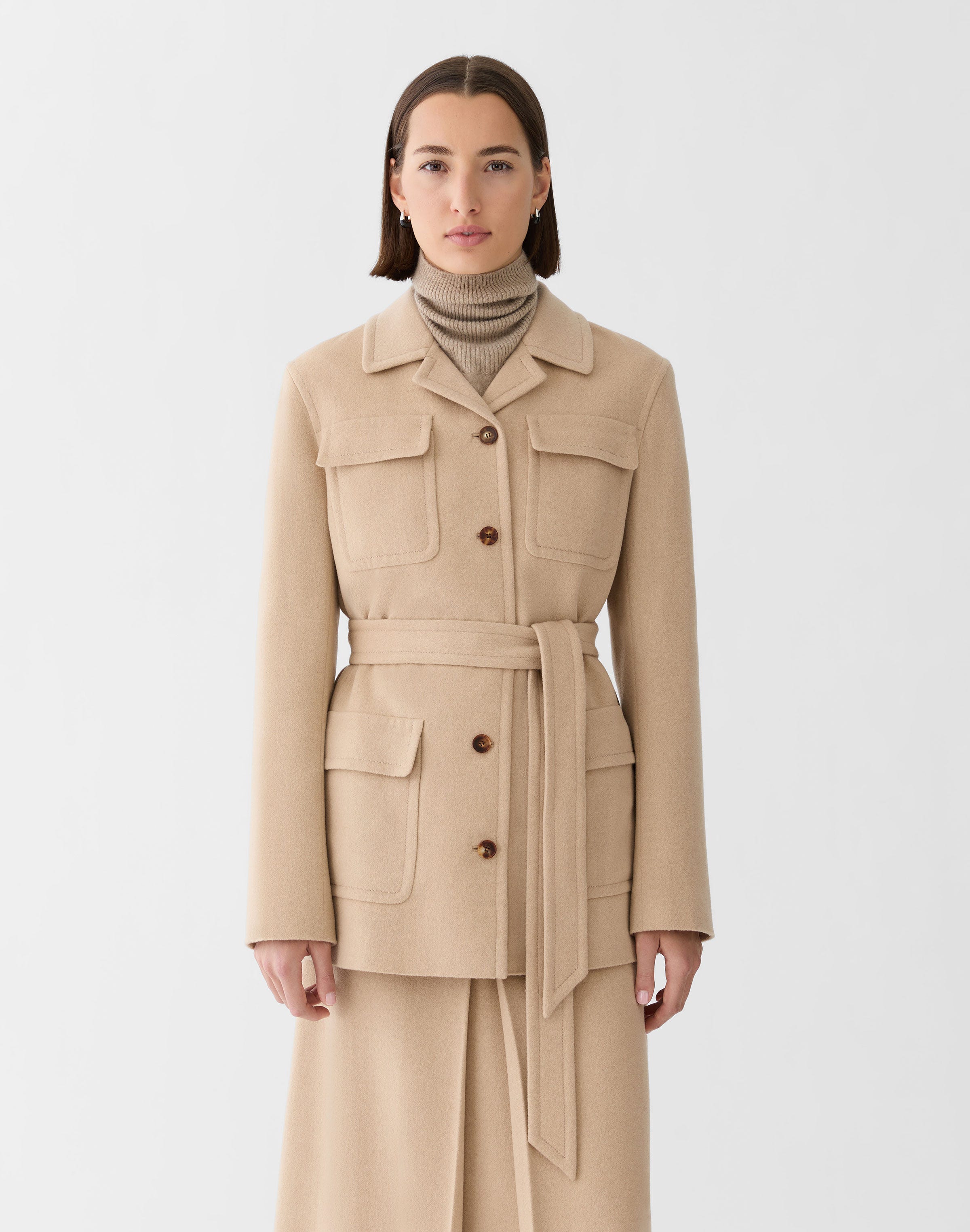 Camel Hair Flap Pocket Belted Jacket