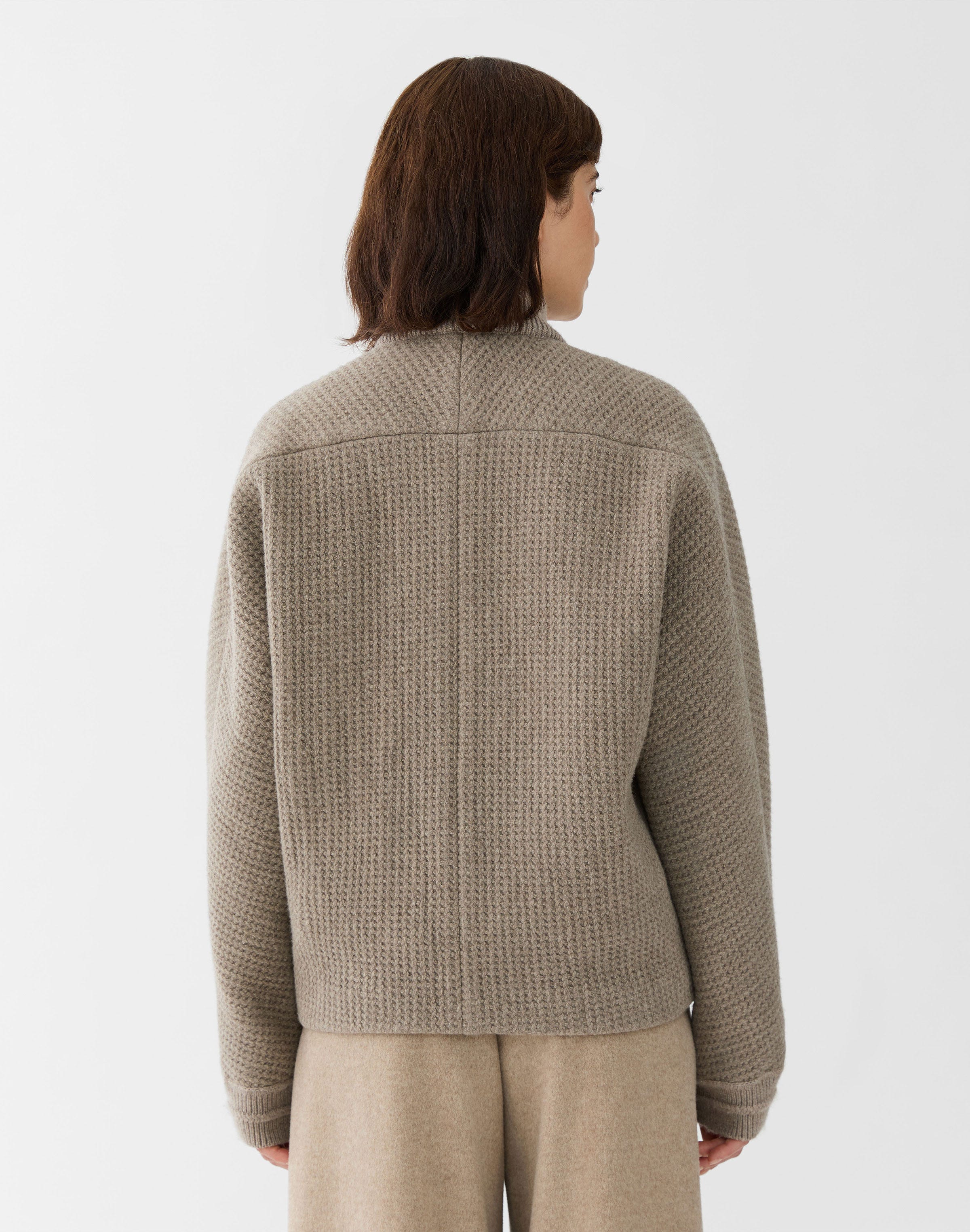 Wool Piqué Leather Trim Bomber Jacket