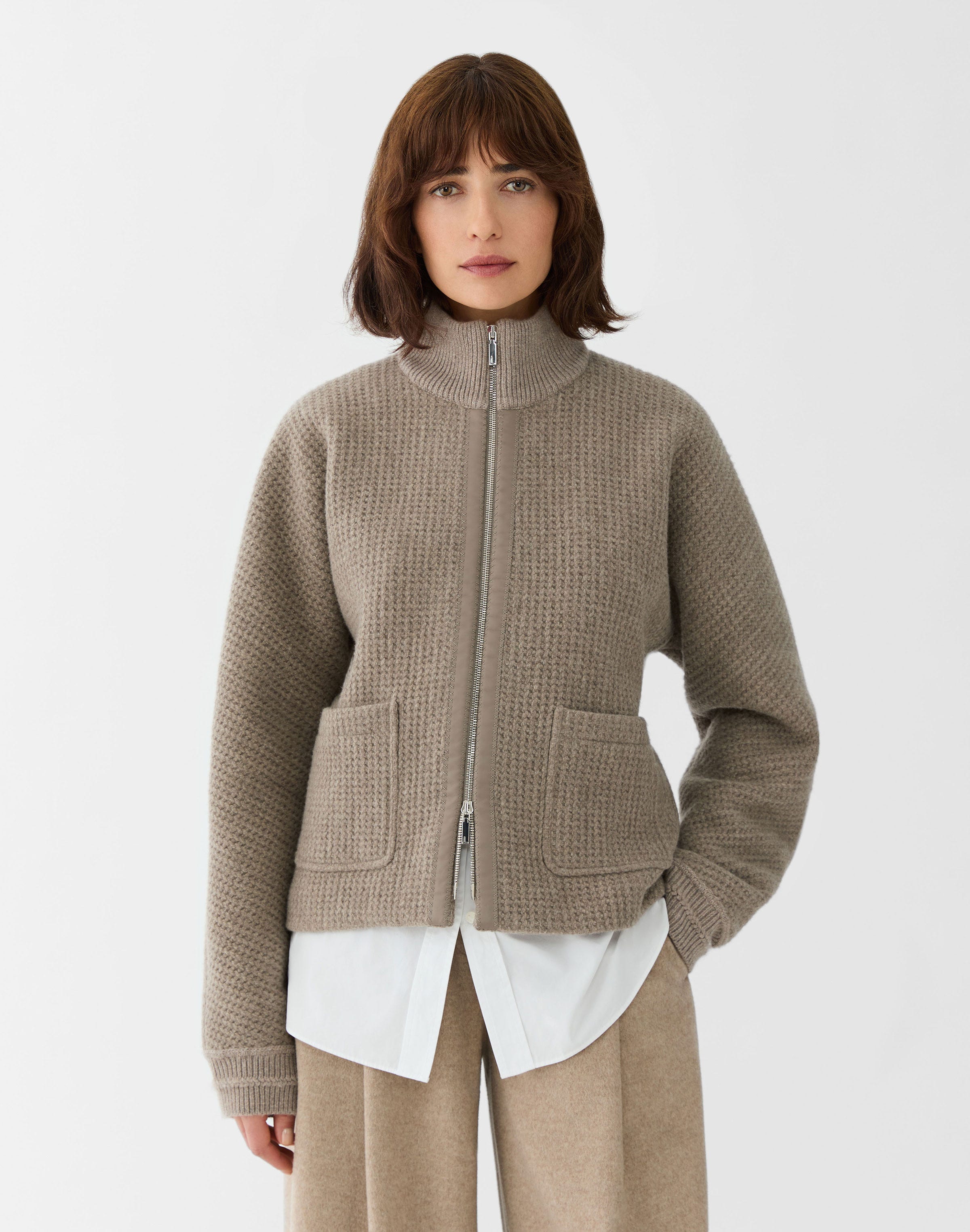 Wool Piqué Leather Trim Bomber Jacket