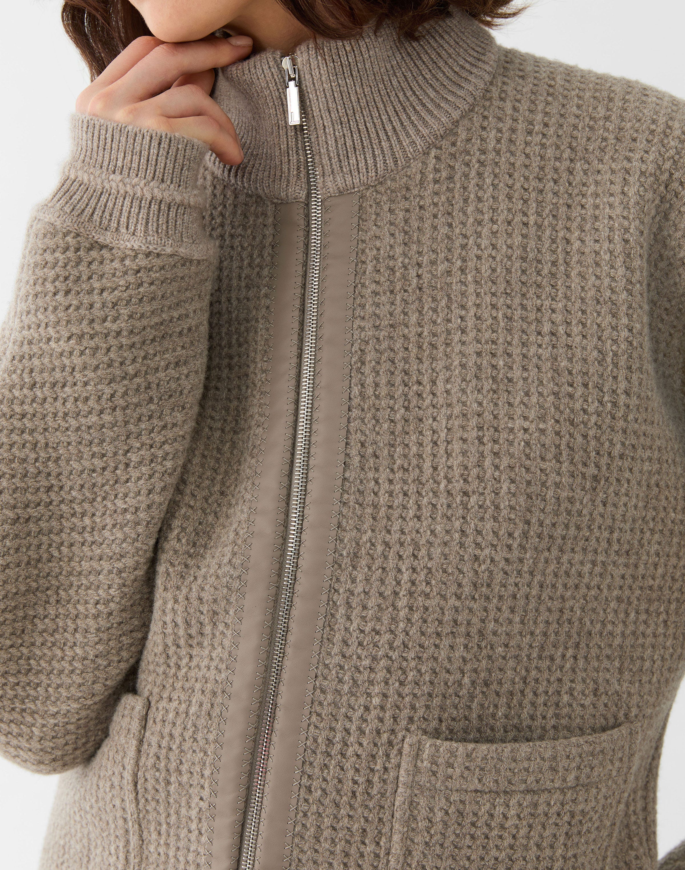 Wool Piqué Leather Trim Bomber Jacket