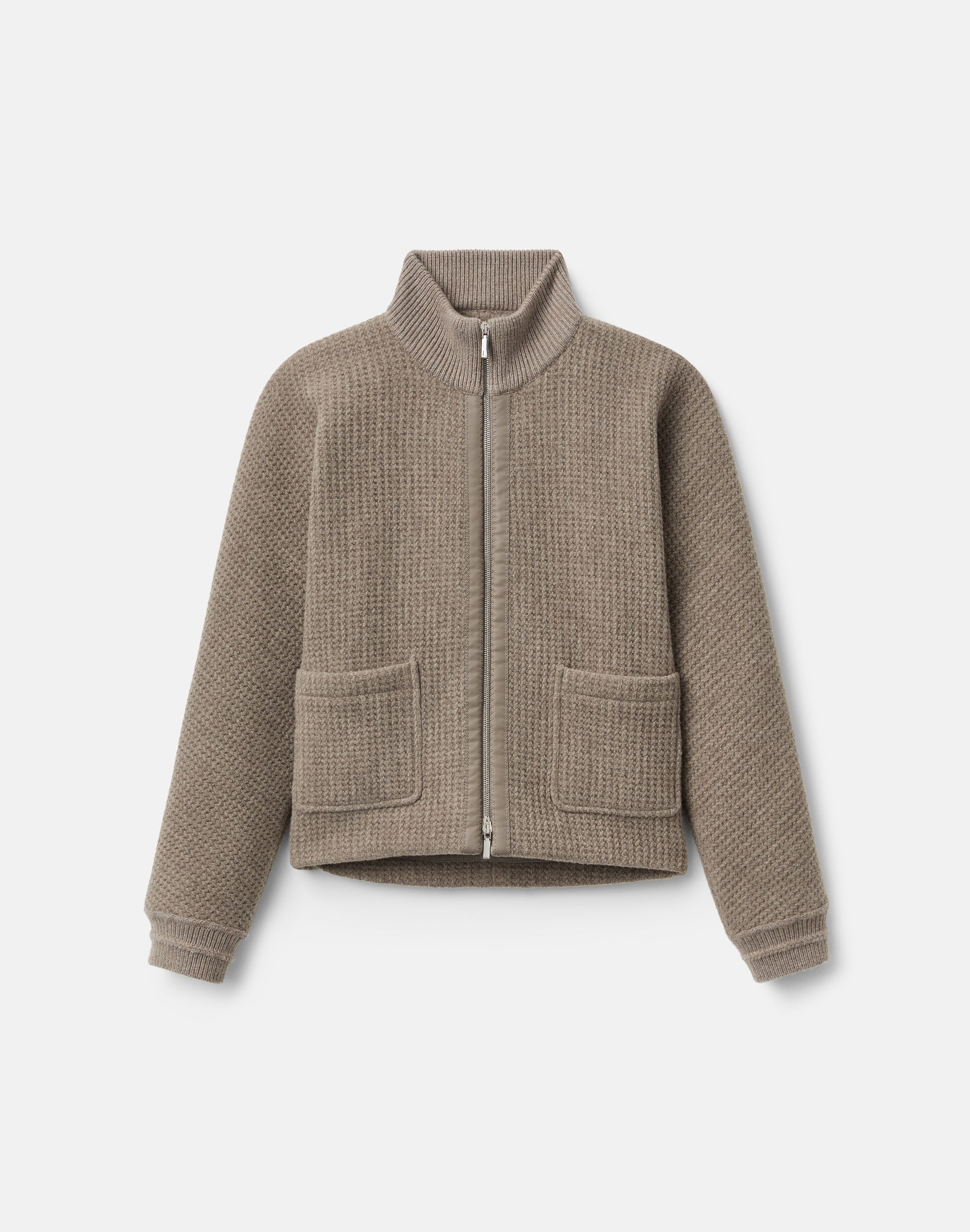 Wool Piqué Leather Trim Bomber Jacket