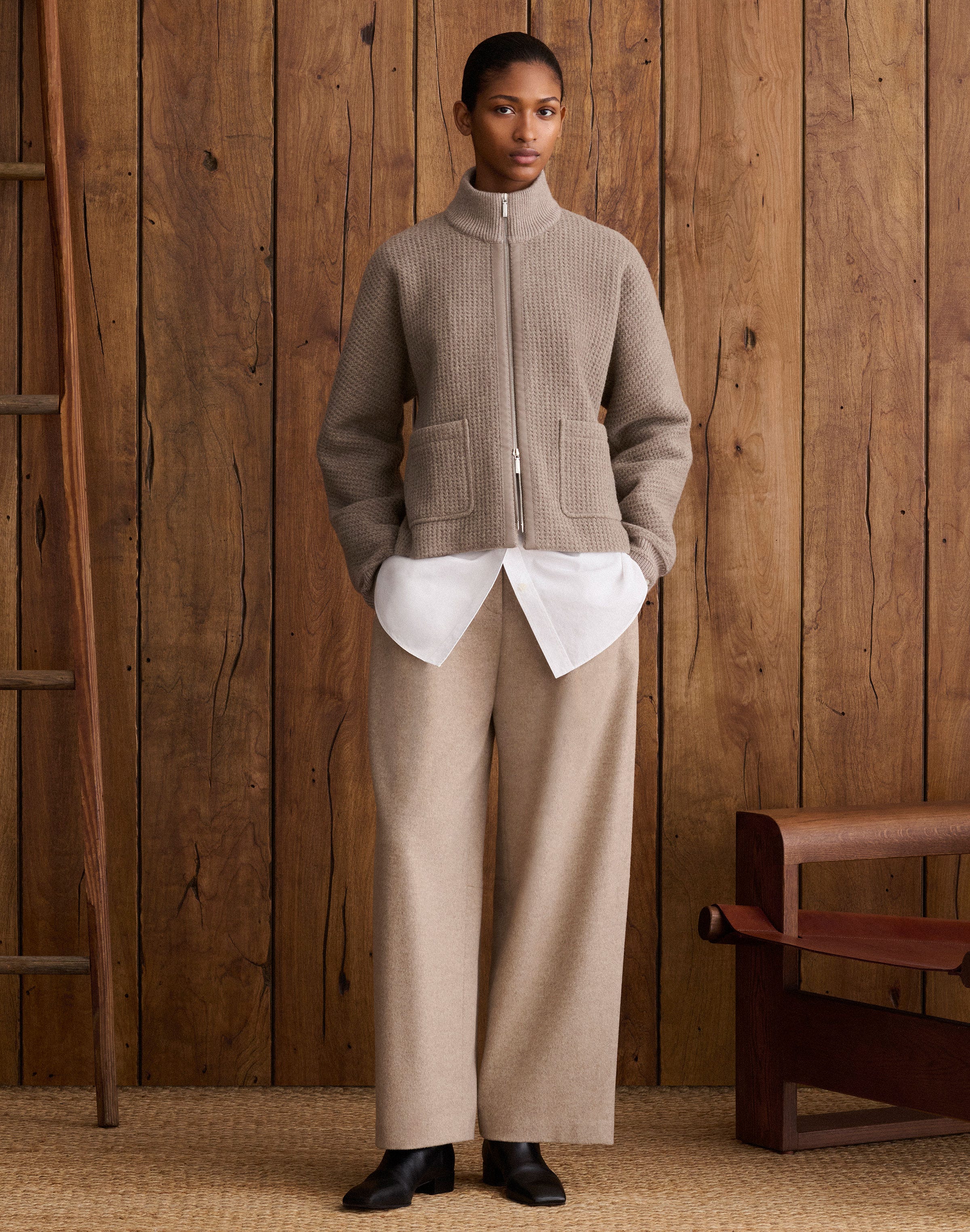 Wool Piqué Leather Trim Bomber Jacket