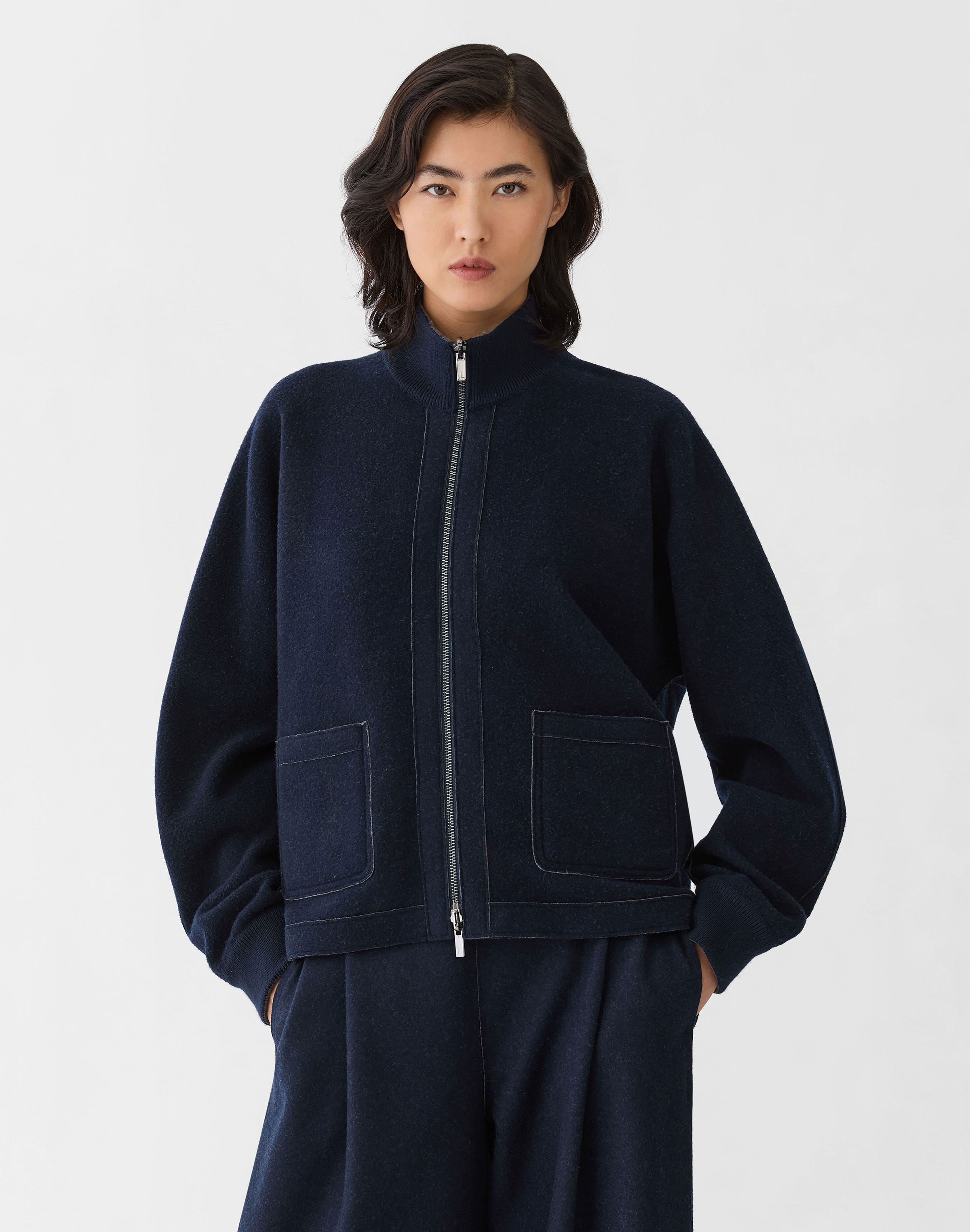 Wool-Cashmere Double Knit Reversible Bomber Jacket