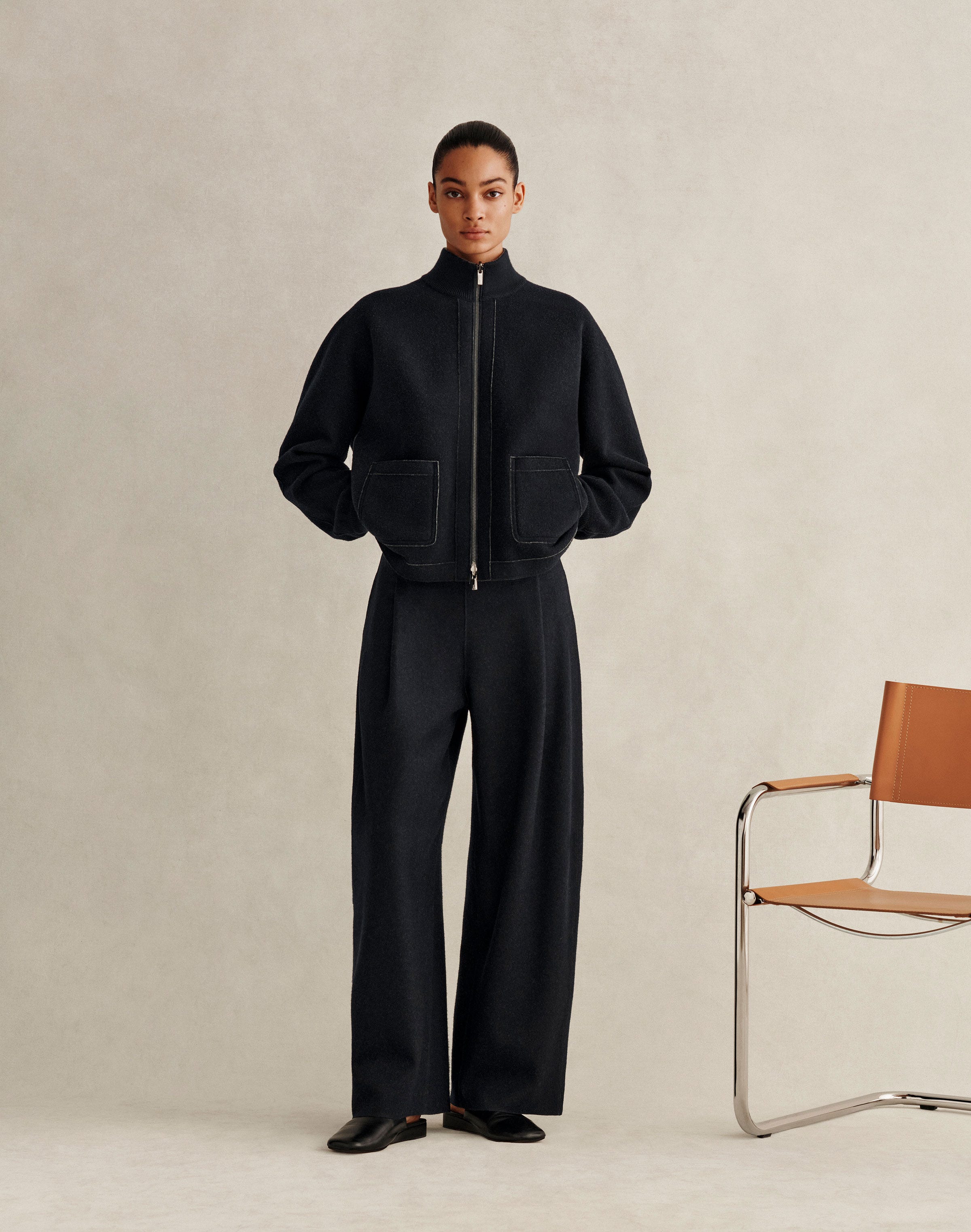 Wool-Cashmere Double Knit Reversible Bomber Jacket
