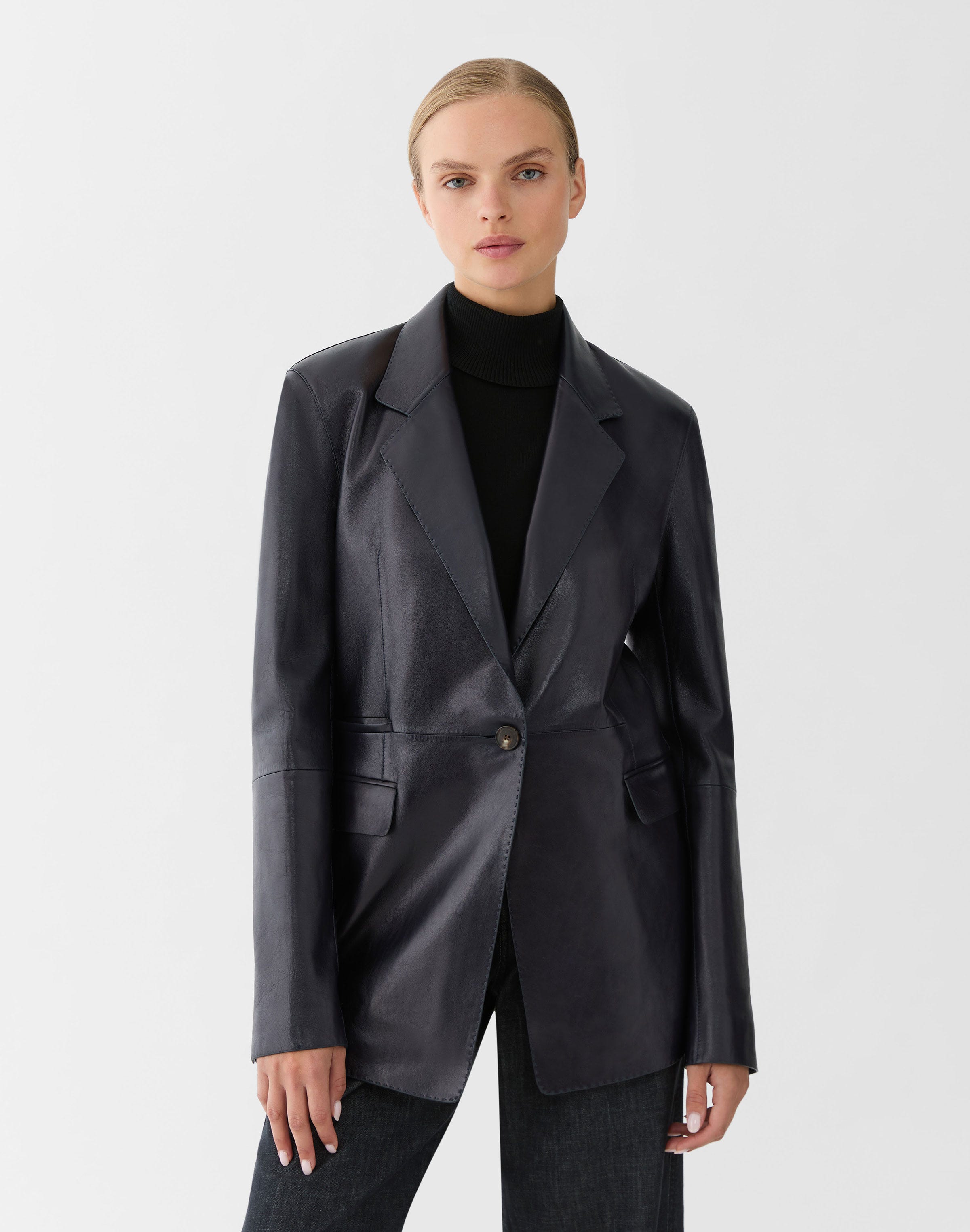 Plus-Size Nappa Leather Three Pocket Blazer