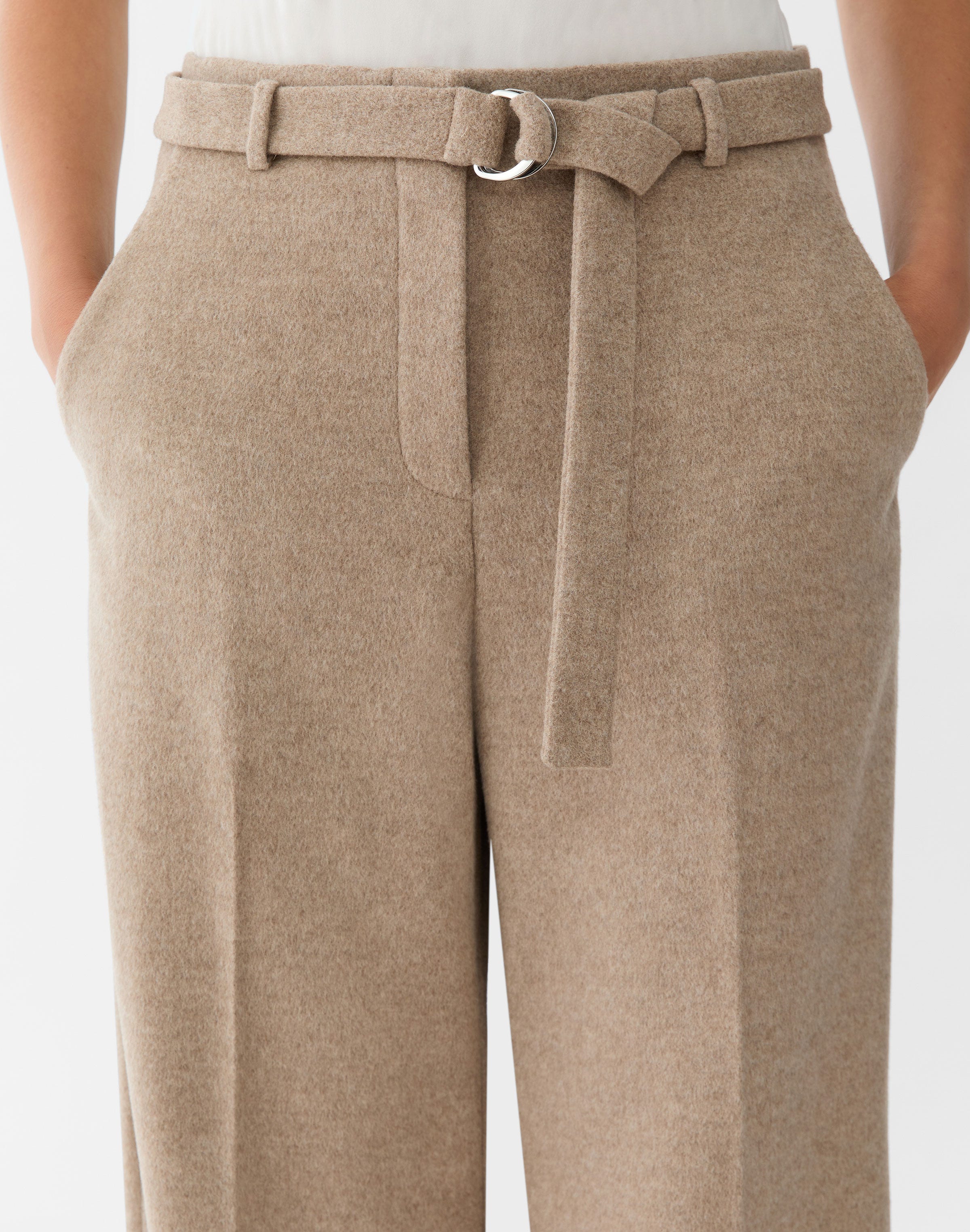 Brushed Wool-Cashmere Flannel Belted Clark Wide Leg Pant