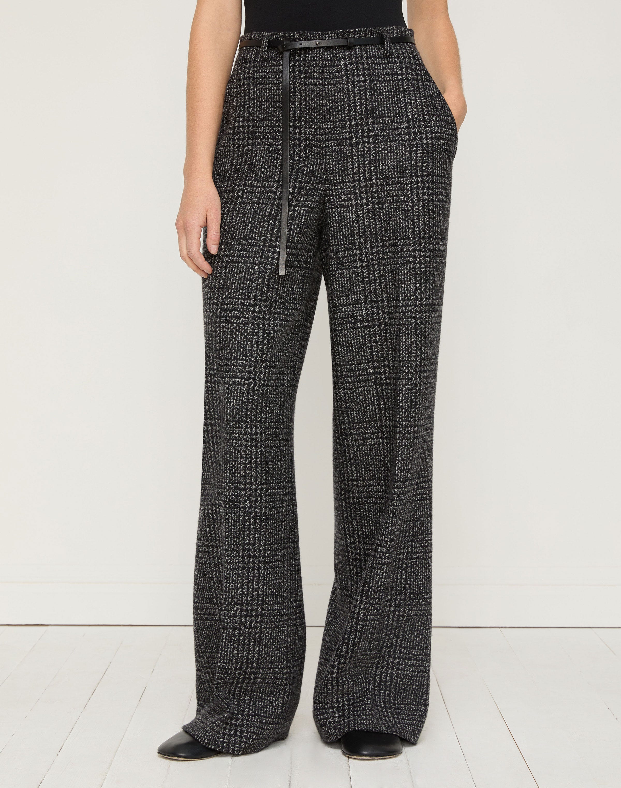 Plaid Wool-Cashmere Mouliné Clark Wide Leg Pant
