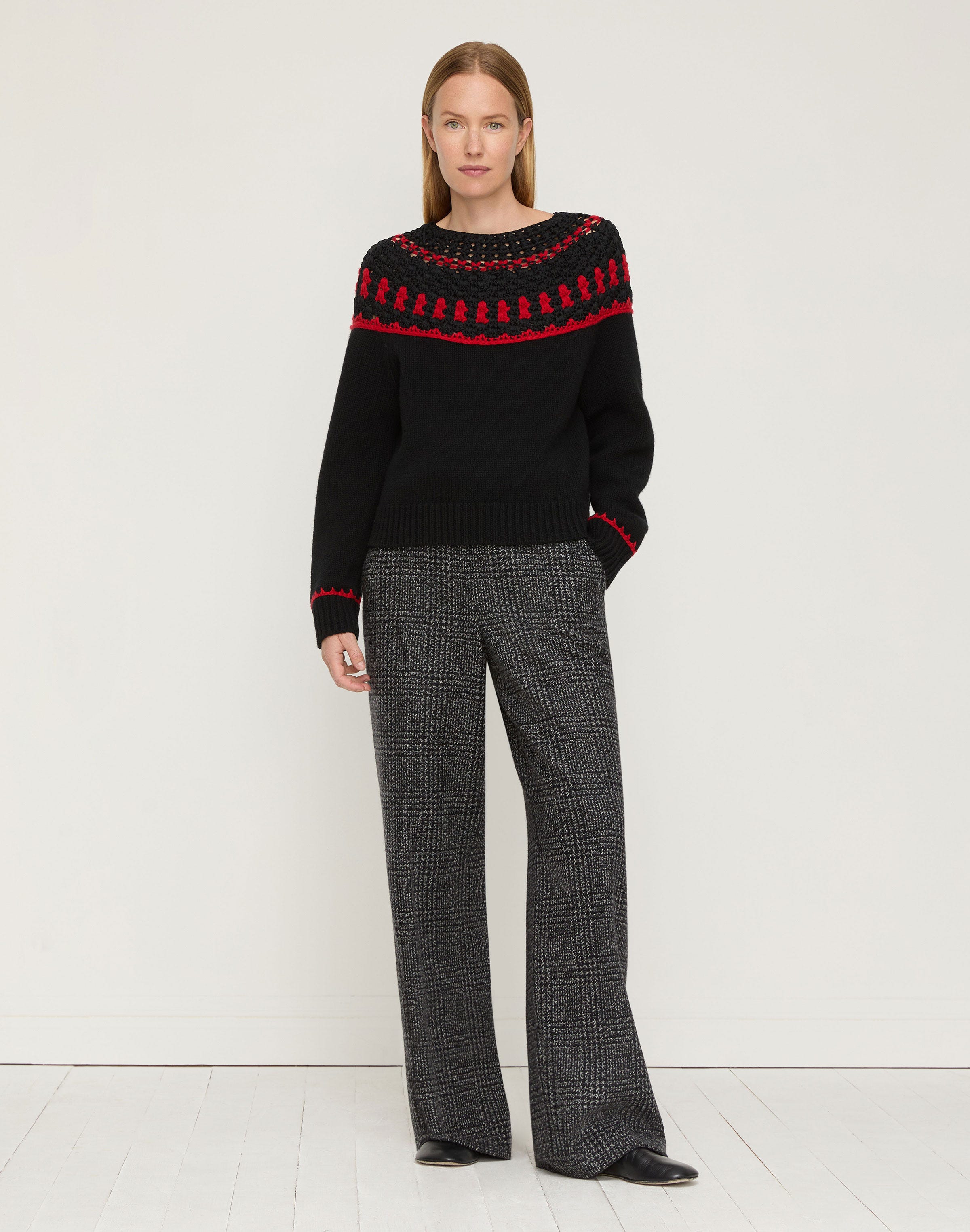 Plaid Wool-Cashmere Mouliné Clark Wide Leg Pant