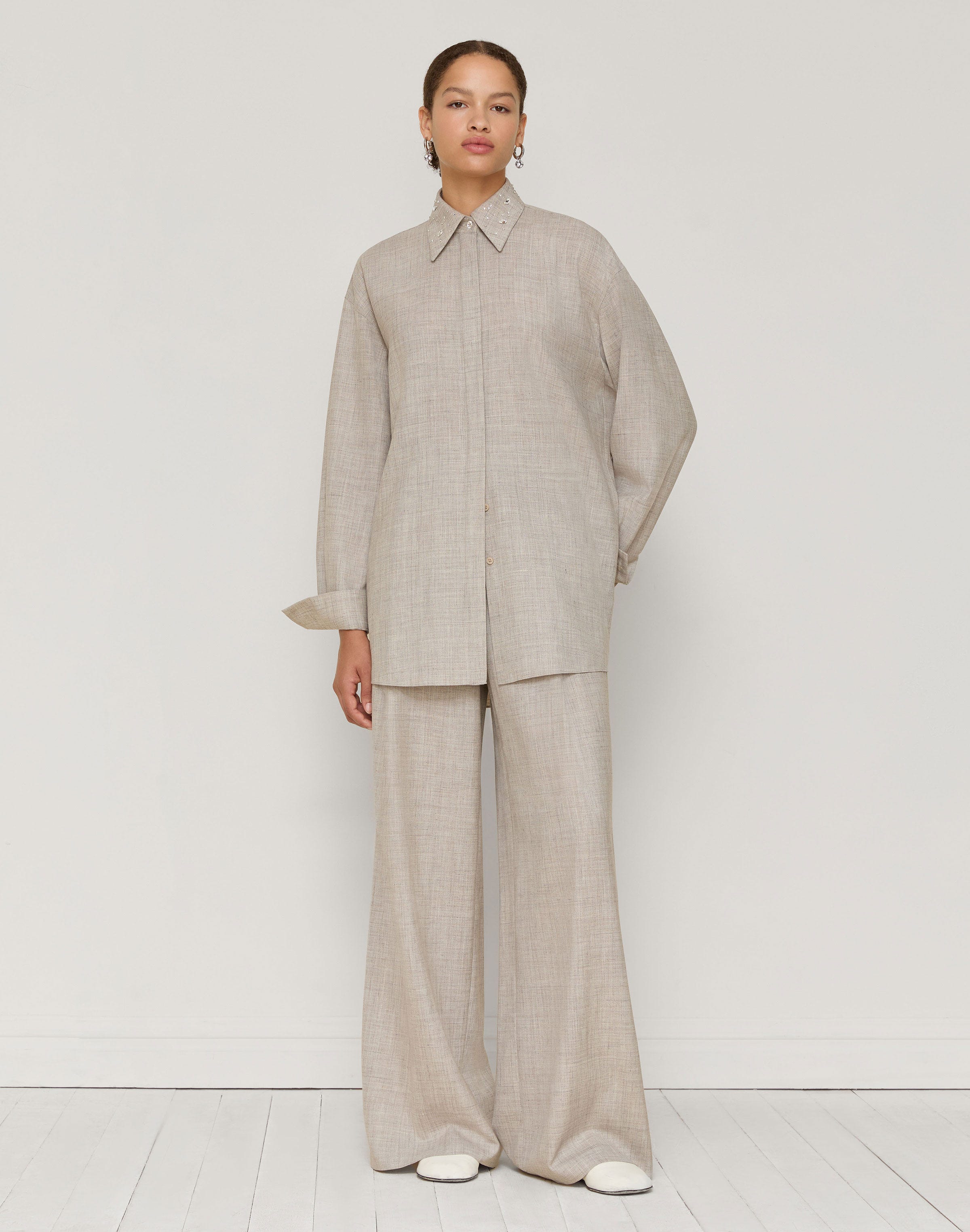 Plus-Size Tropical Wool-Silk Astor Pleated Wide Leg Pant