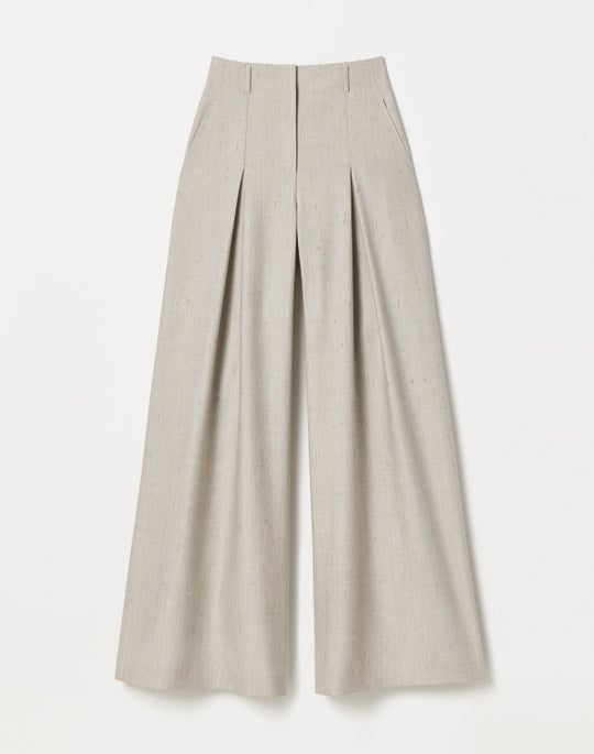 Flecked Wool-Silk Warren Pleated Wide Leg Pant