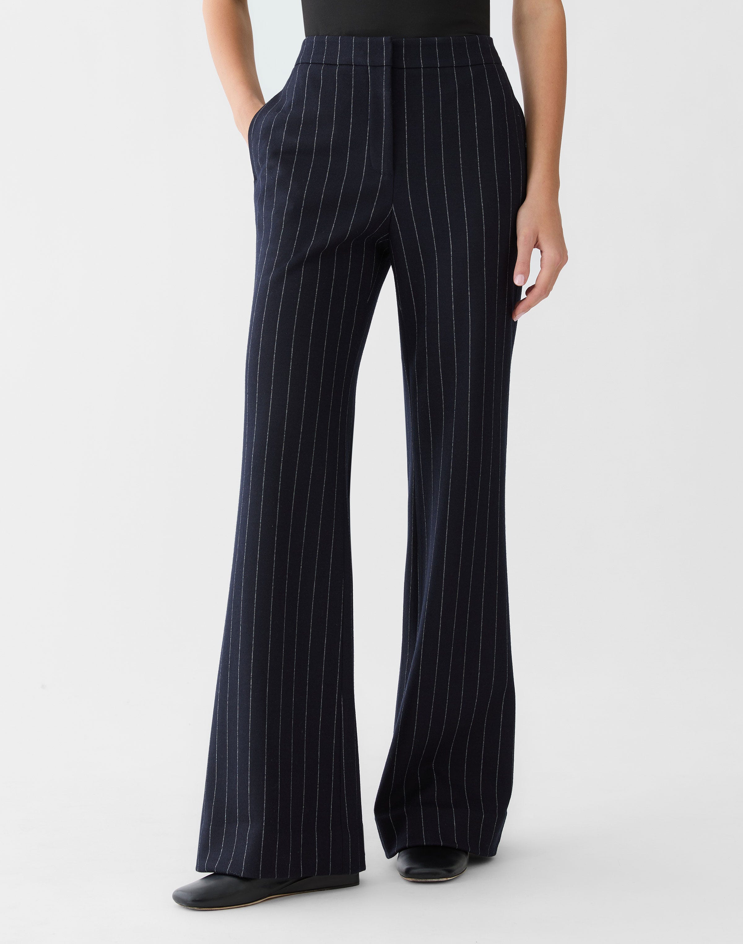 Pinstripe Wool Jersey Lafayette Flare Pant