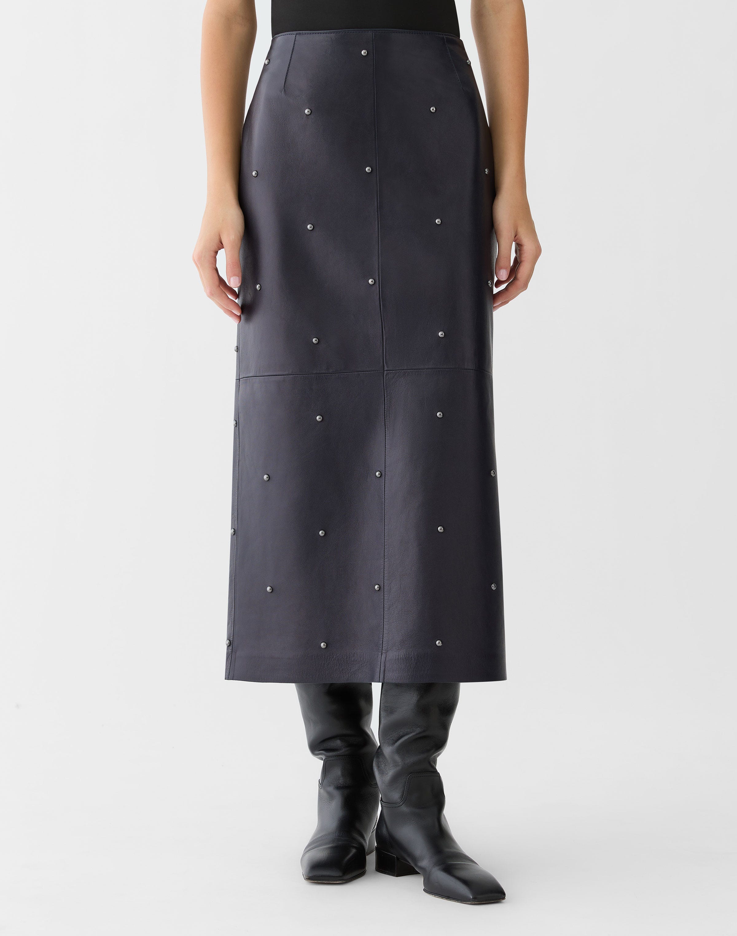 Studded Nappa Leather Column Skirt