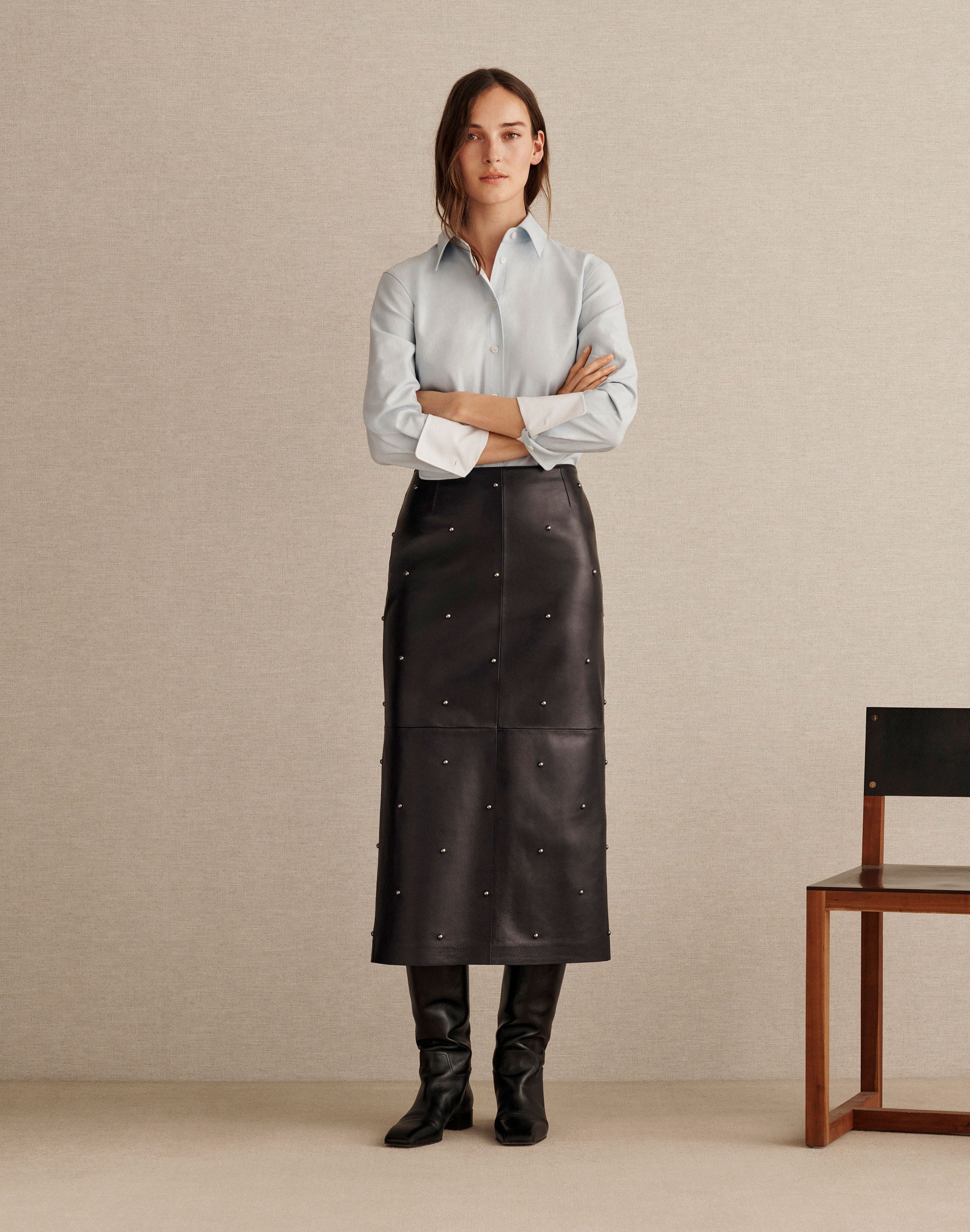 Studded Nappa Leather Column Skirt