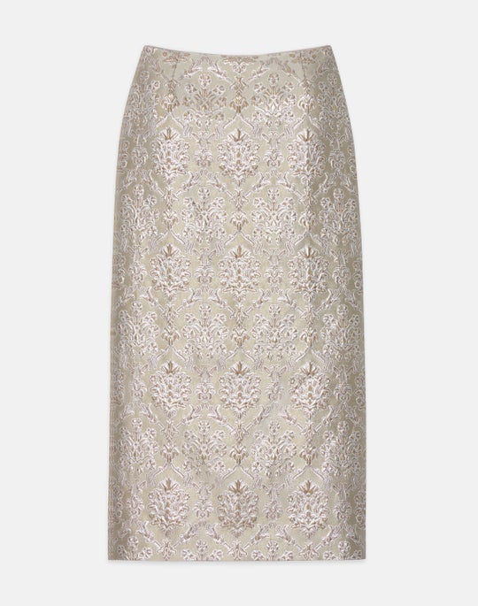 Metallic Baroque Botanical Brocade Midi Pencil Skirt
