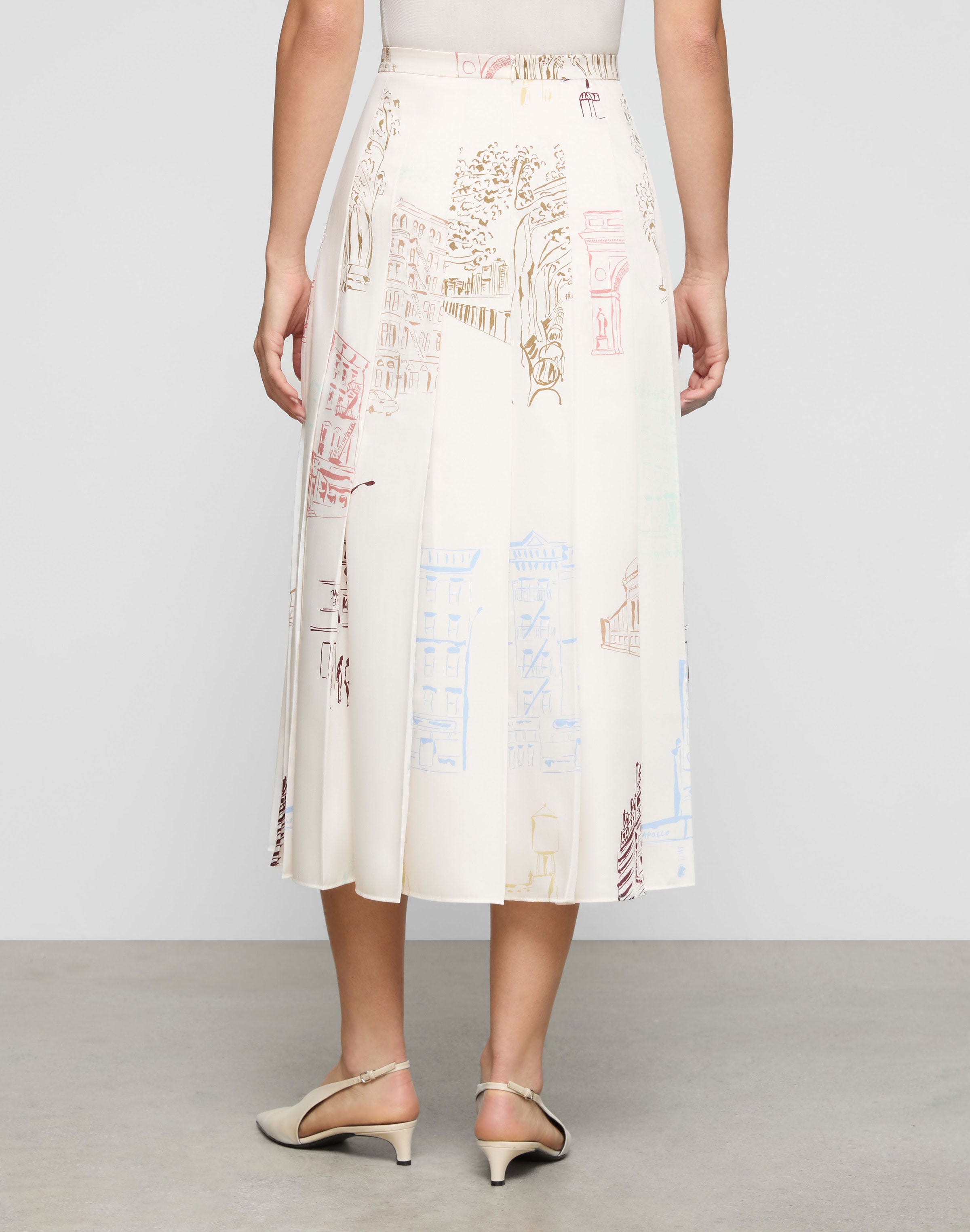 Manhattan Print Twill Pleated Midi Skirt